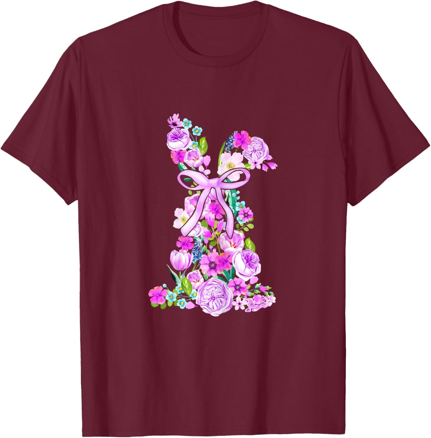 Watercolor Violet Floral Easter Bunny Woment Girls T-Shirt - T-Shirt | Maroon