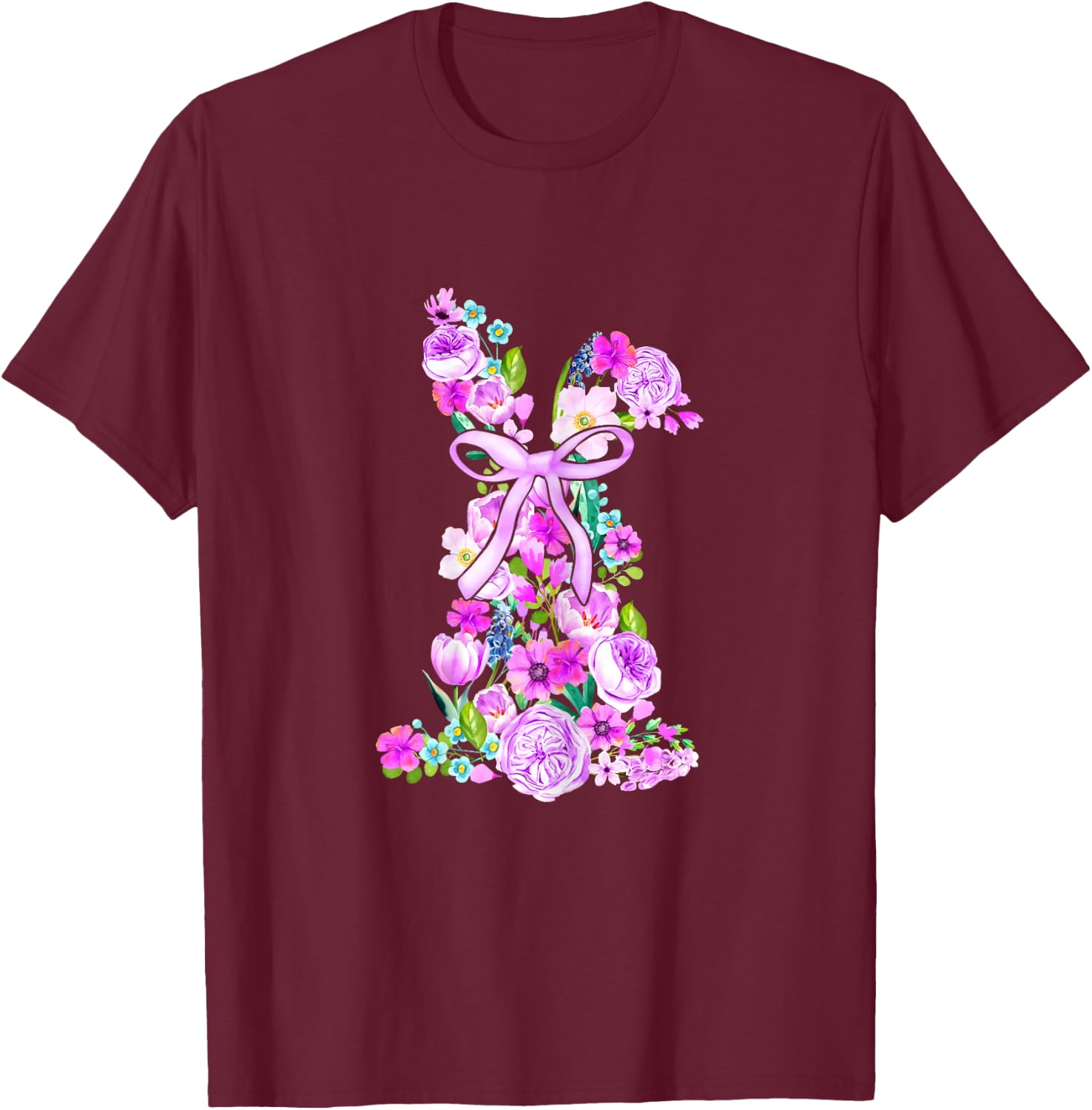 Watercolor Violet Floral Easter Bunny Woment Girls T-Shirt - T-Shirt | Maroon