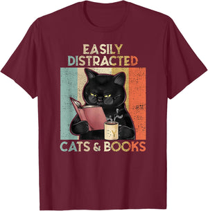 Easily Distracted by Cats And Books for Cat Lovers Women Girls Kids T-Shirt - T-Shirt | Maroon