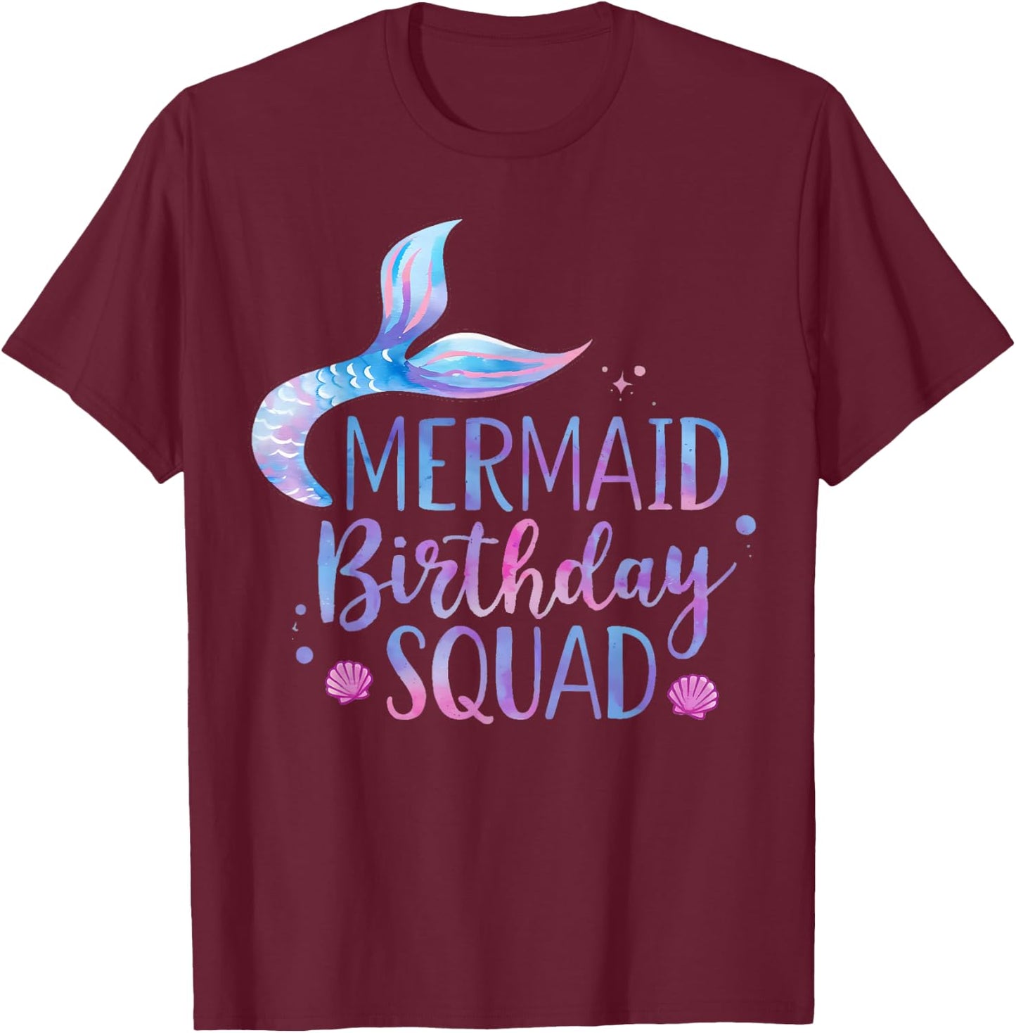 Mermaid Birthday Squad Party Girls Cute Ocean Watercolour T-Shirt - T-Shirt | Maroon