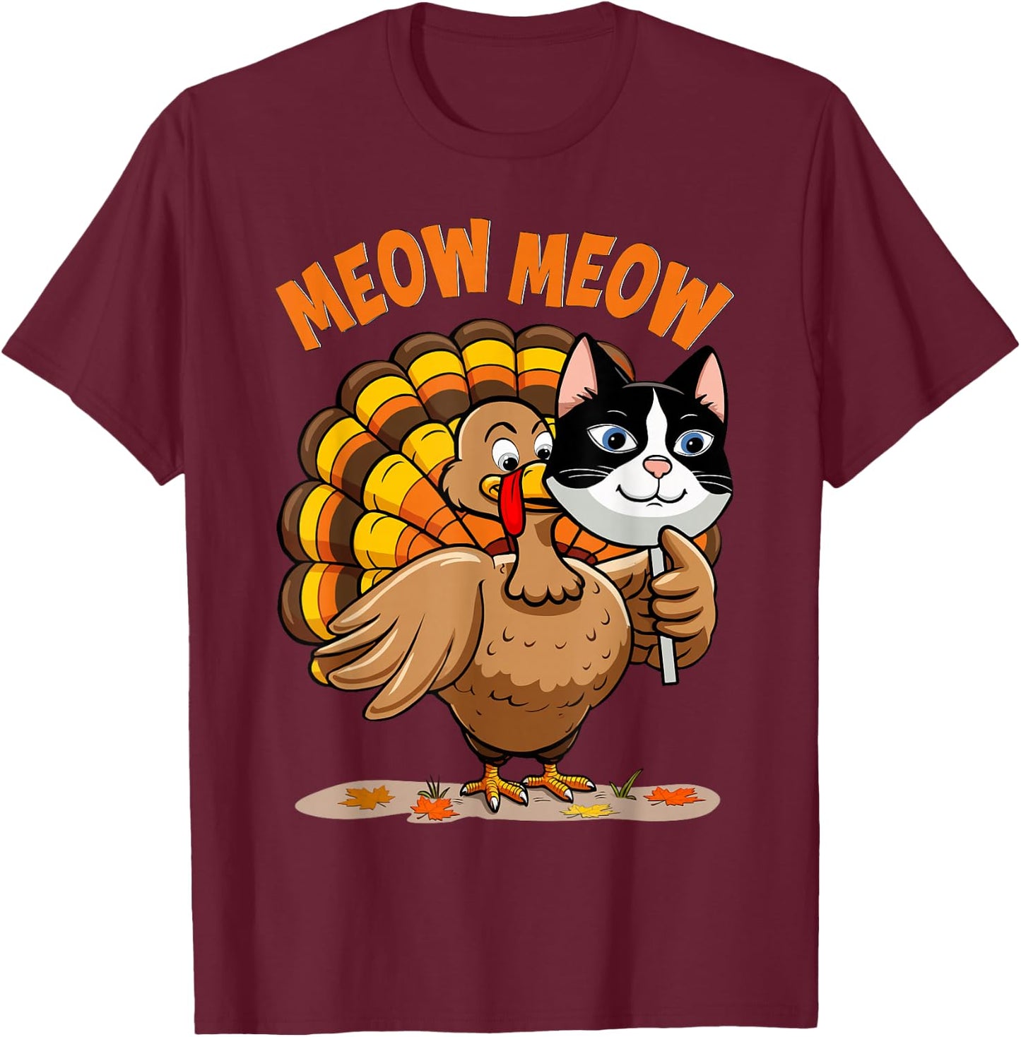Thanksgiving Cat Funny Fake Cat Meow Thanksgiving Turkey T-Shirt - T-Shirt | Maroon