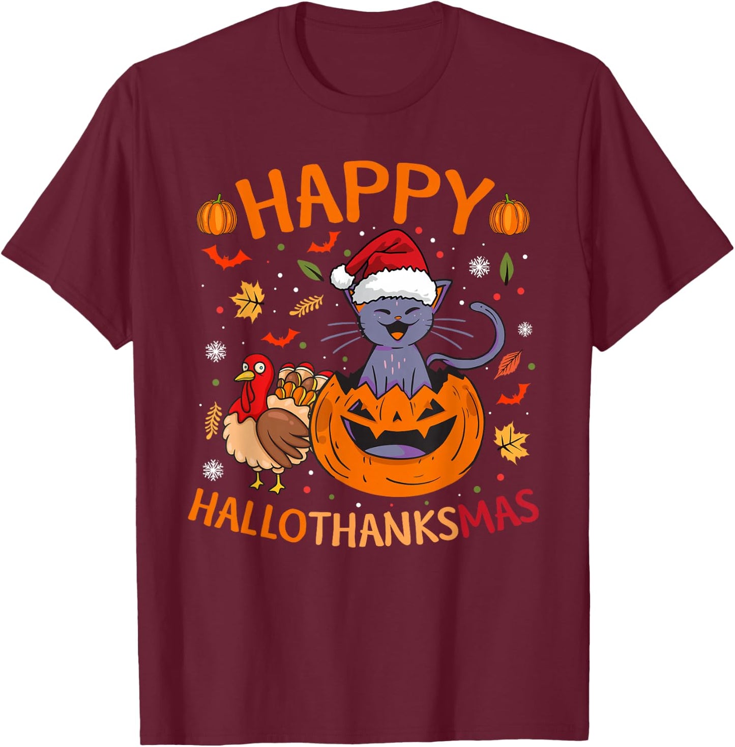 Halloween Thanksgiving Christmas Cat Turkey Hallothanksmas T-Shirt - T-Shirt | Maroon
