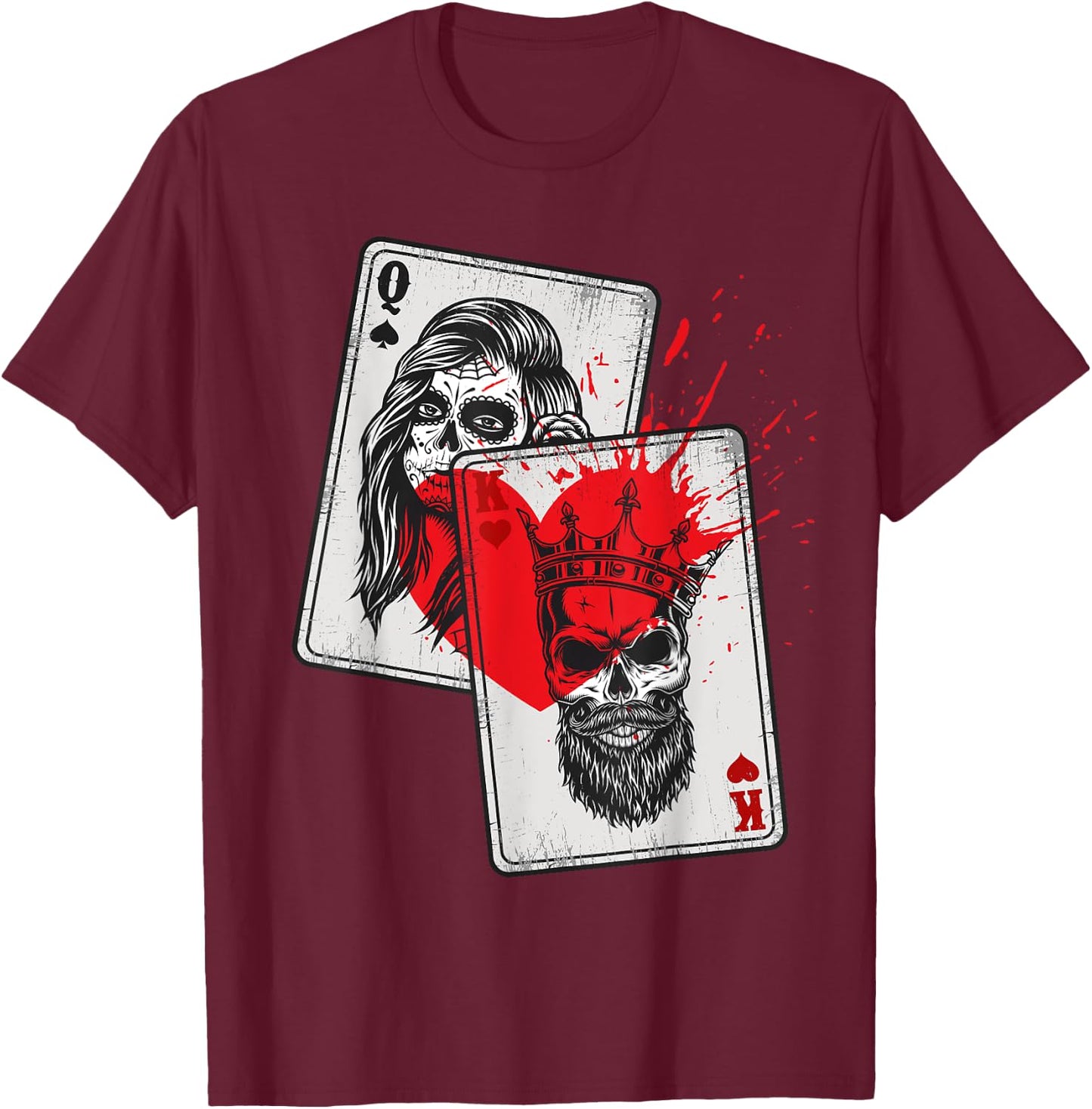 King and Queen Skull and Catrina Playing Cards Couple T-Shirt - T-Shirt | Maroon