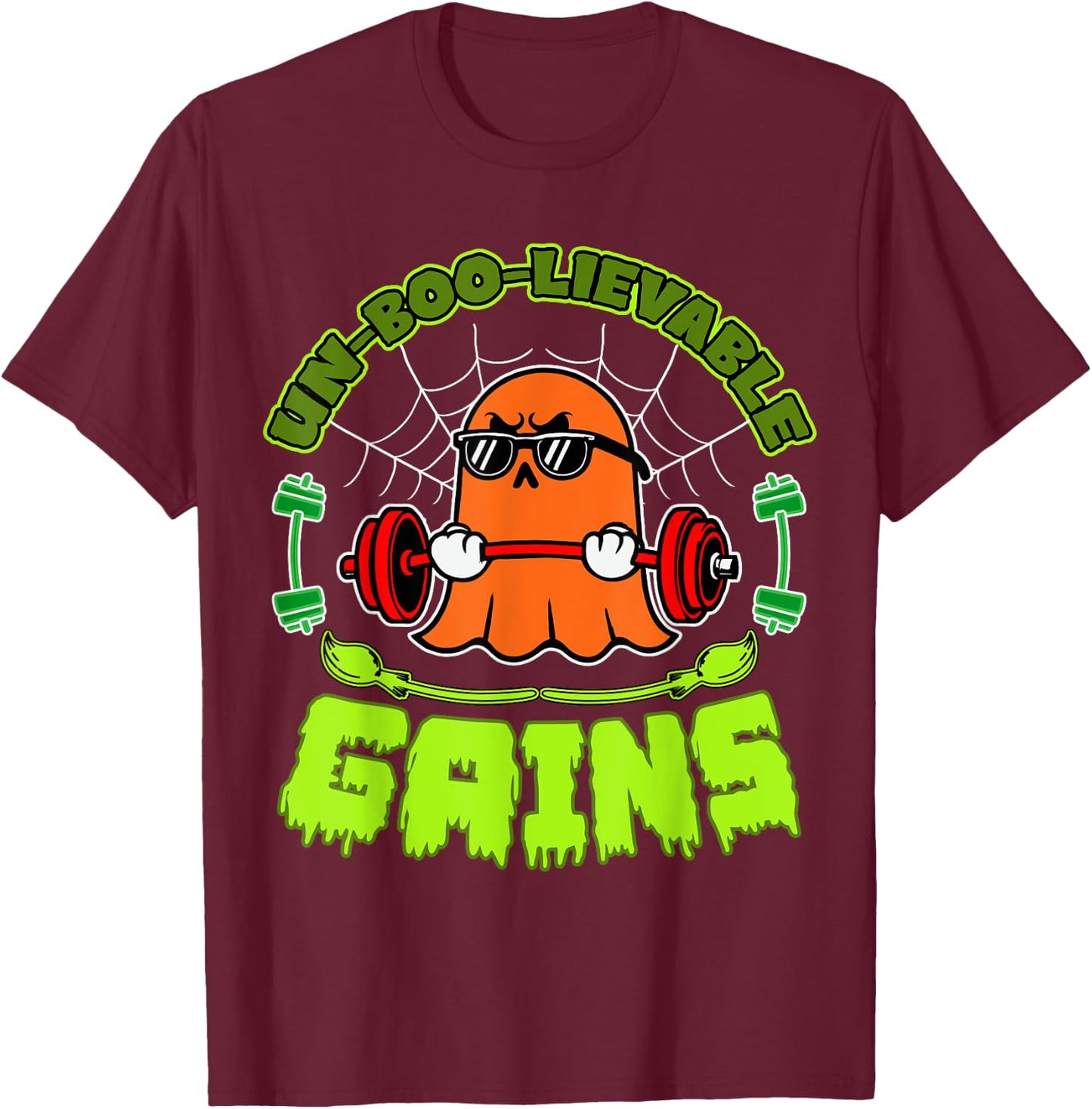Halloween Workout Ghost Training With Barbell T-Shirt - T-Shirt | Maroon