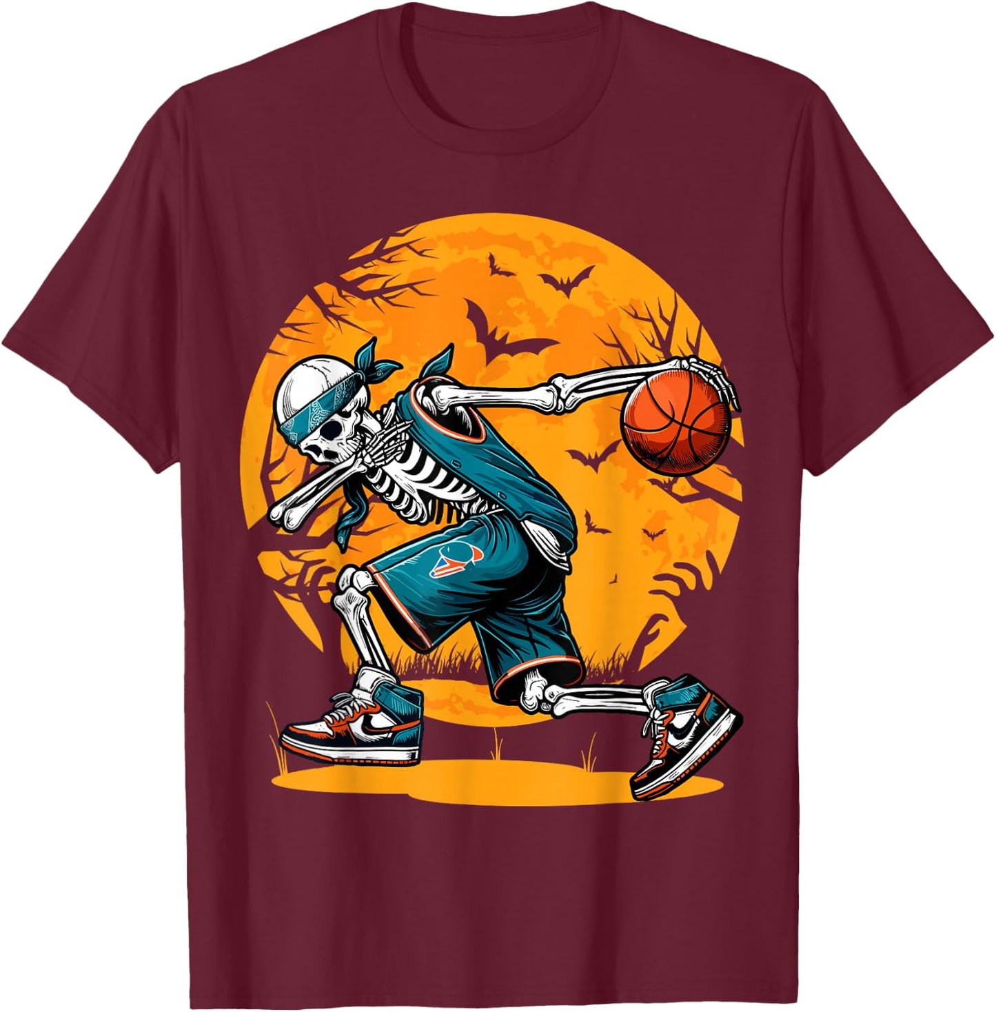 Dabbing Skeleton Basketball Halloween Boys Basketball Player T-Shirt - T-Shirt | Maroon