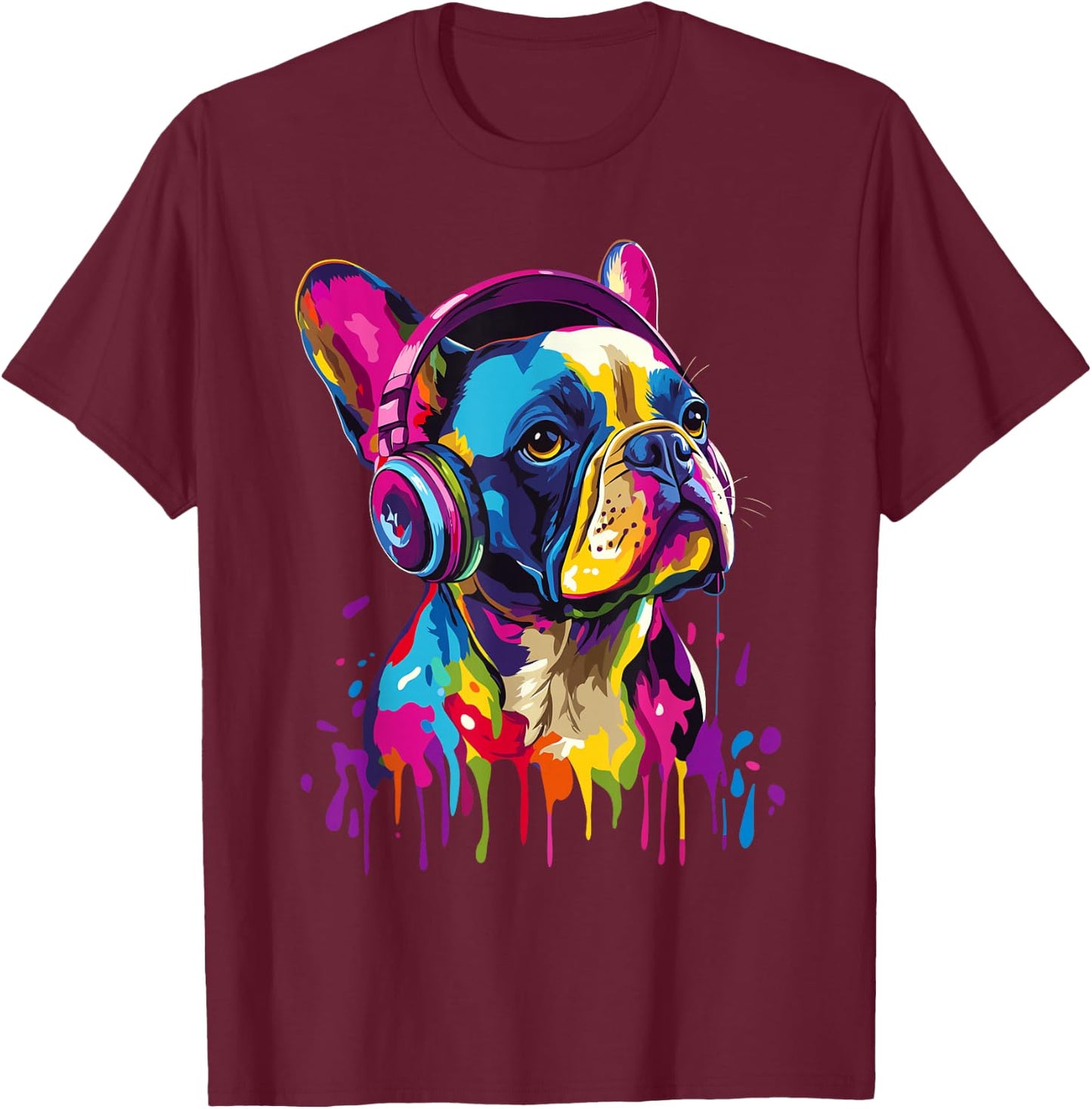 French Bulldog Lover Headphones Pop Art Funny French Bulldog , black T-Shirt - T-Shirt | Maroon