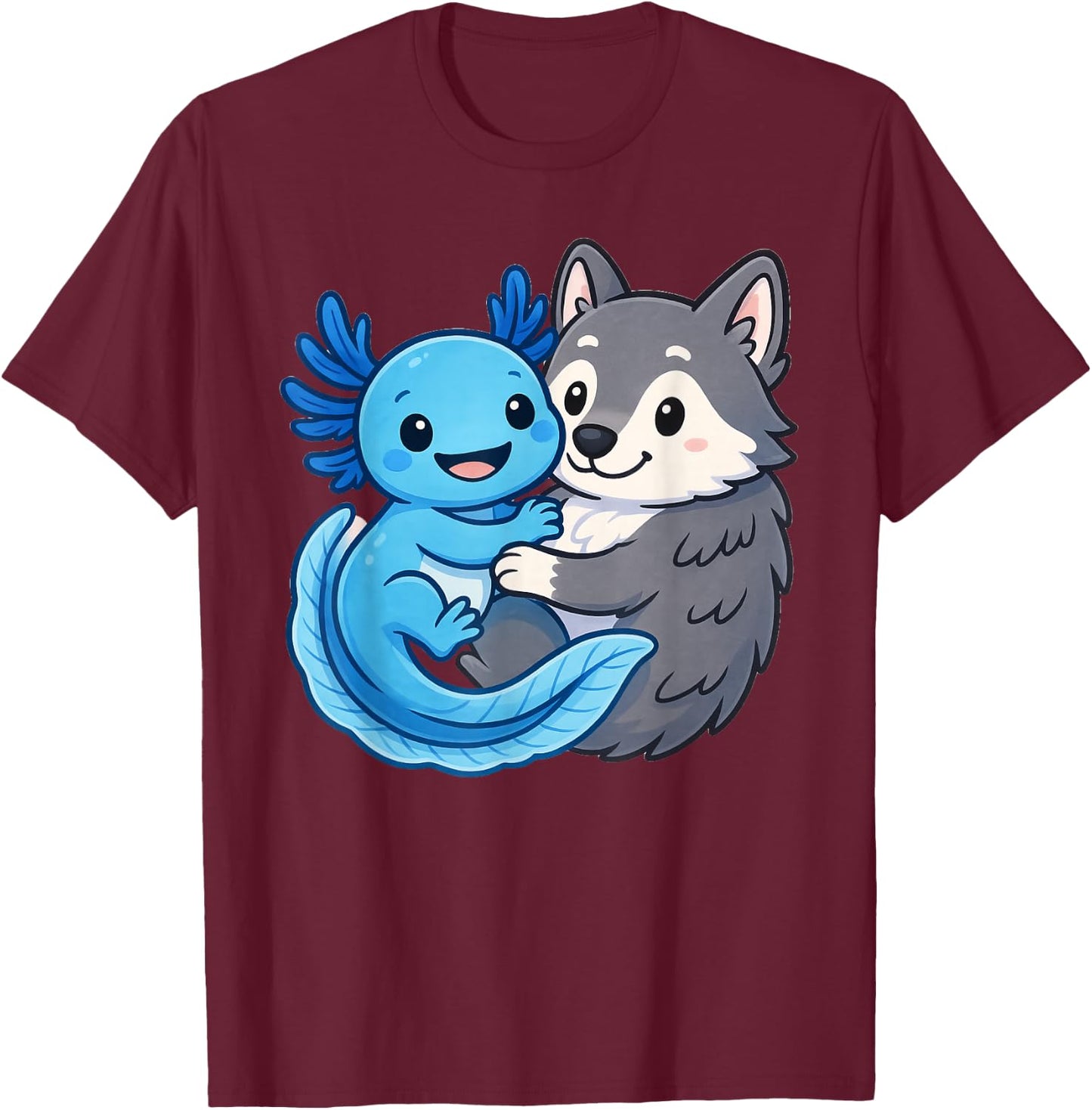 Cute Axolotl Hugging Wolf T-Shirt - T-Shirt | Maroon