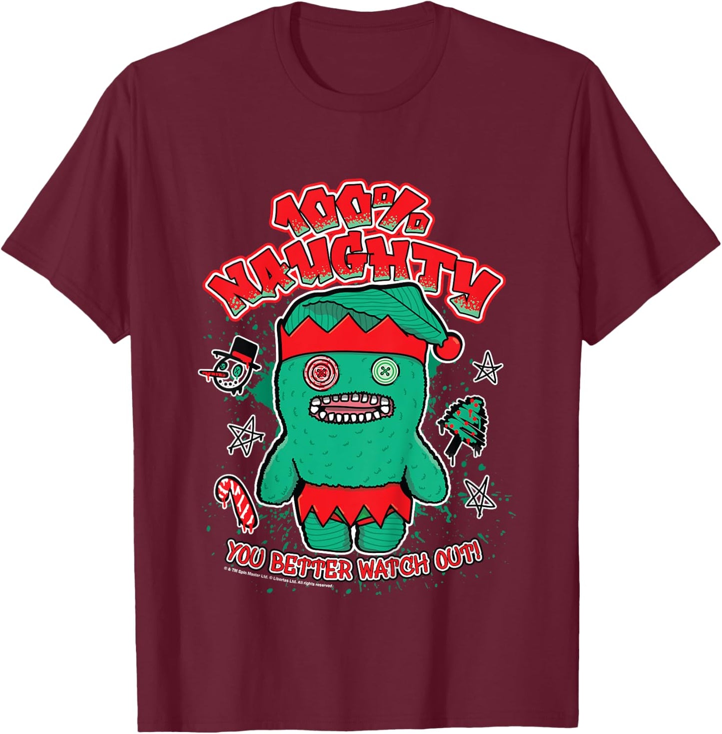 Kids Fuggler Christmas Elf 100 Naughty You Better Watch Out Kids T-Shirt - T-Shirt | Maroon