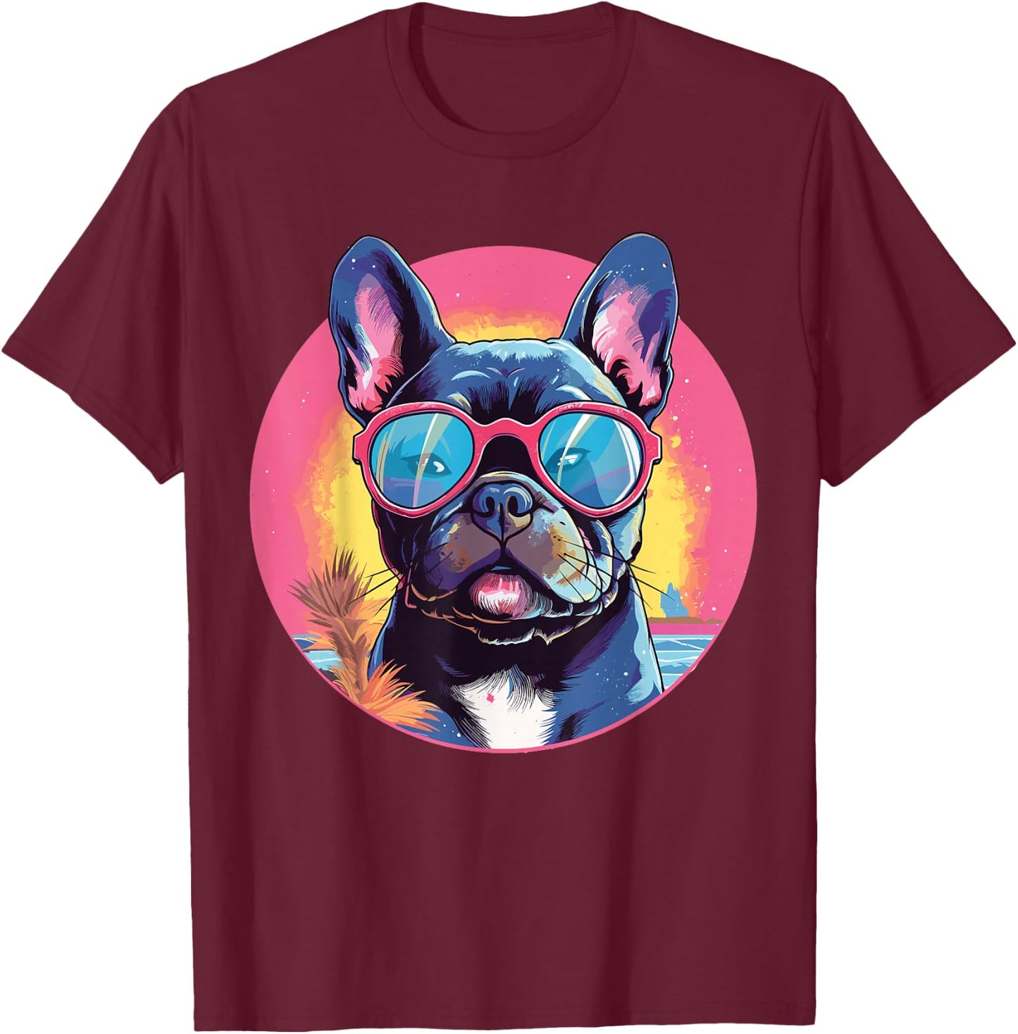 French Bulldog With Sunglasses T-Shirt - T-Shirt | Maroon