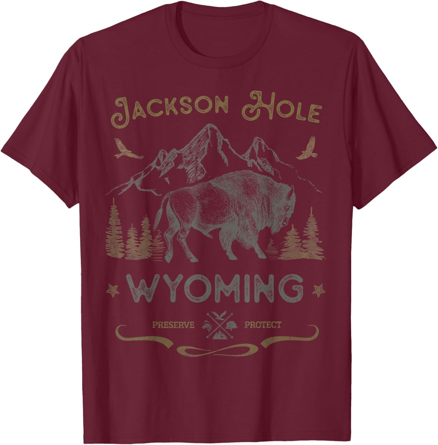 Jackson Hole Wyoming Cowboy State Buffalo National Parks T-Shirt - T-Shirt | Maroon