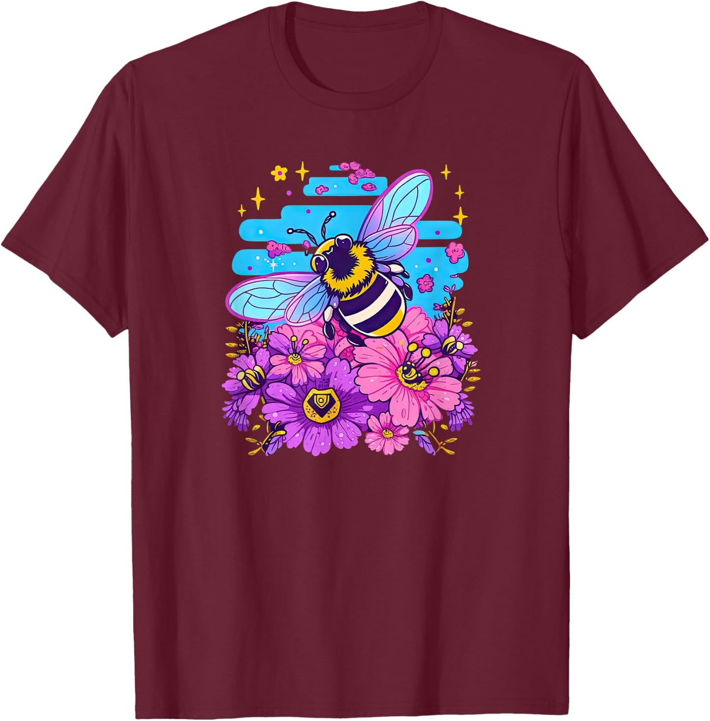 Super Cute Cartoon Bee and Flowers in Bubblegum Synthwave! T-Shirt - T-Shirt | Maroon