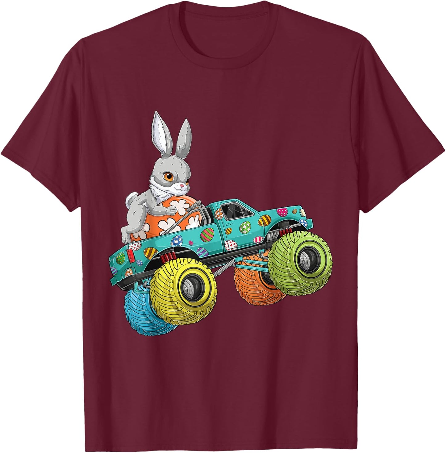 Happy Easter Day Bunny Egg riding Monster Truck Boys Kids T-Shirt - T-Shirt | Maroon