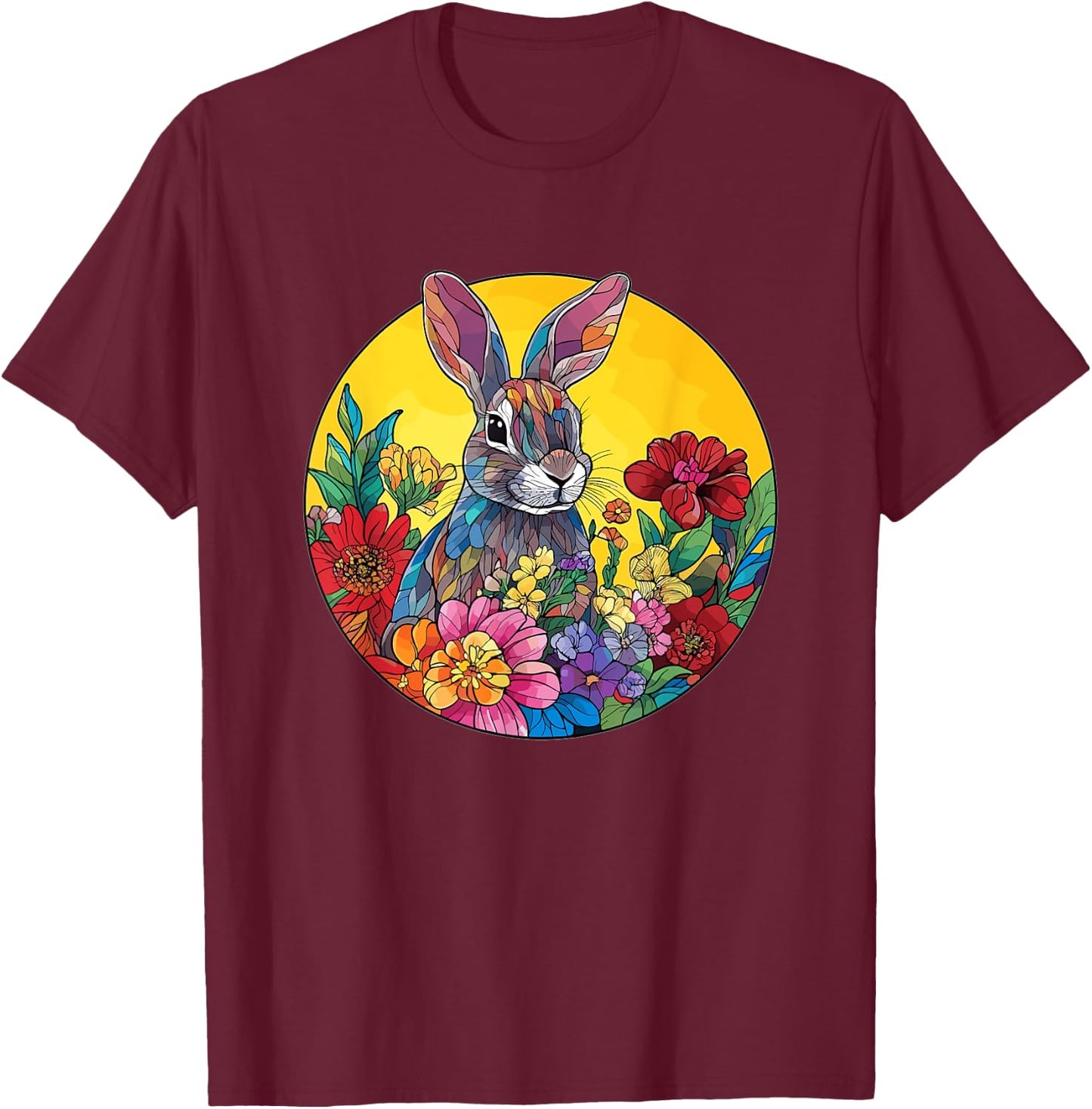 Cute Rabbit Among Flowers Artwork T-Shirt - T-Shirt | Maroon