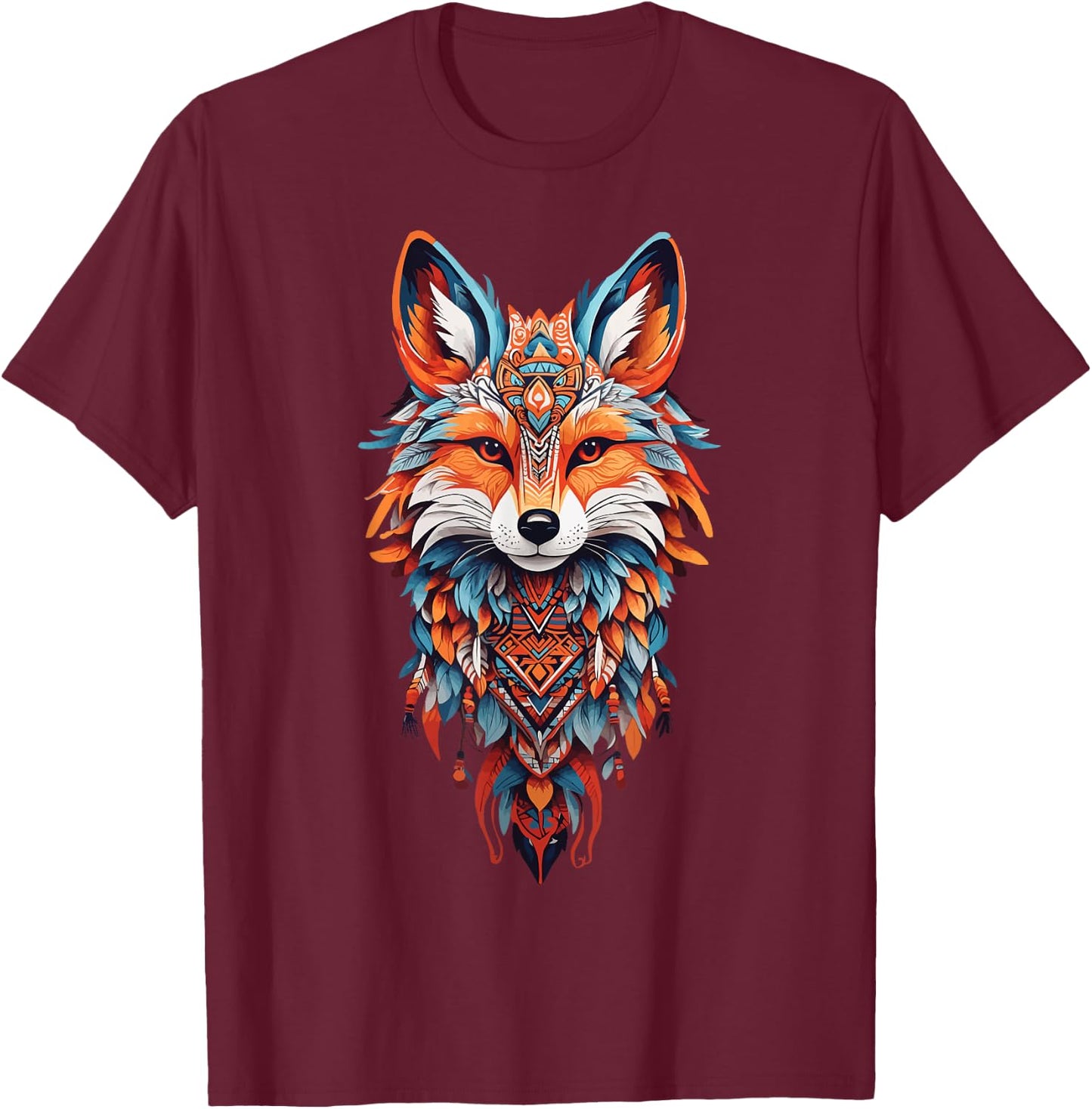 Spiritueller Fuchs mit Federschmuck Indianer Schamane T-Shirt - T-Shirt | Maroon