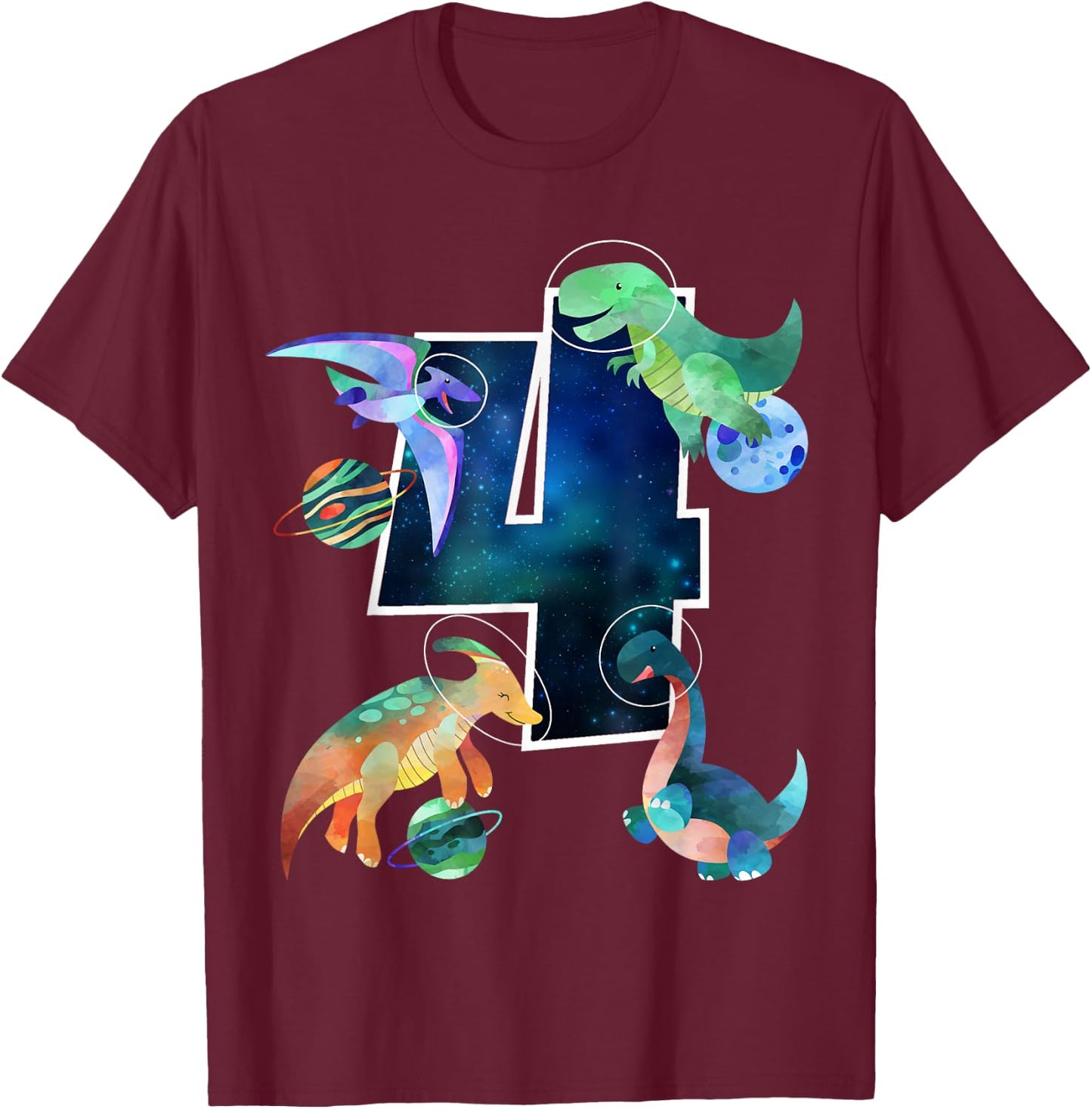 Kids Astronaut Outer Space Dinosaurs 4th Birthday Boy Gift T-Shirt - T-Shirt | Maroon