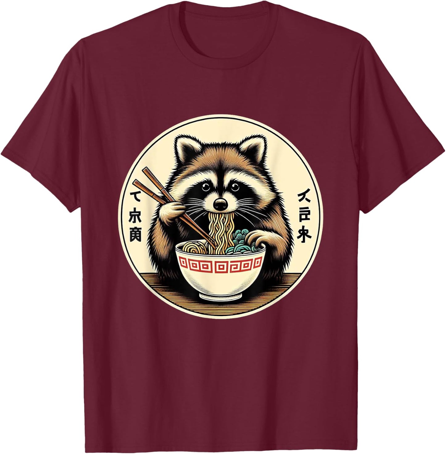 Raccoon Ramen Kawaii Neko Japanese Noodles Aesthetic , black T-Shirt - T-Shirt | Maroon