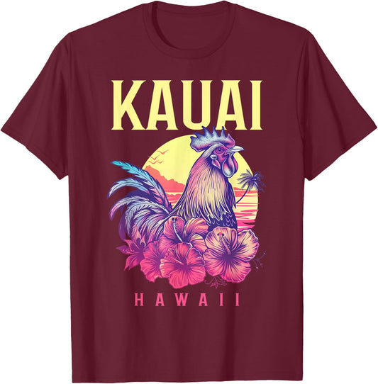 Kauai Hawaii Chicken Hawaiian Hibiscus Flowers Vintage T-Shirt - T-Shirt | Maroon