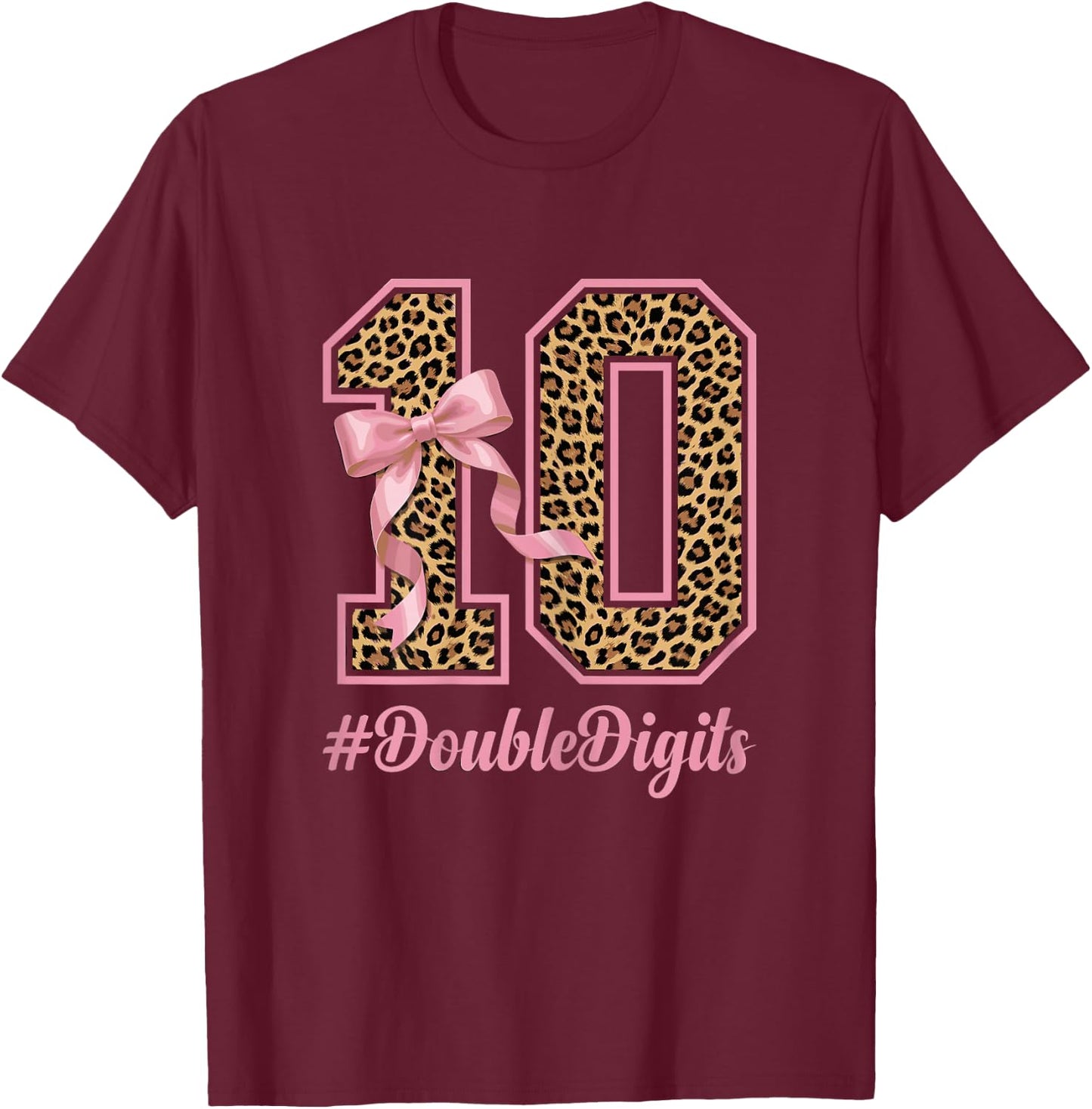 Cute Bow Leopard Cheetah Double Digits Coquette Girls T-Shirt - T-Shirt | Maroon