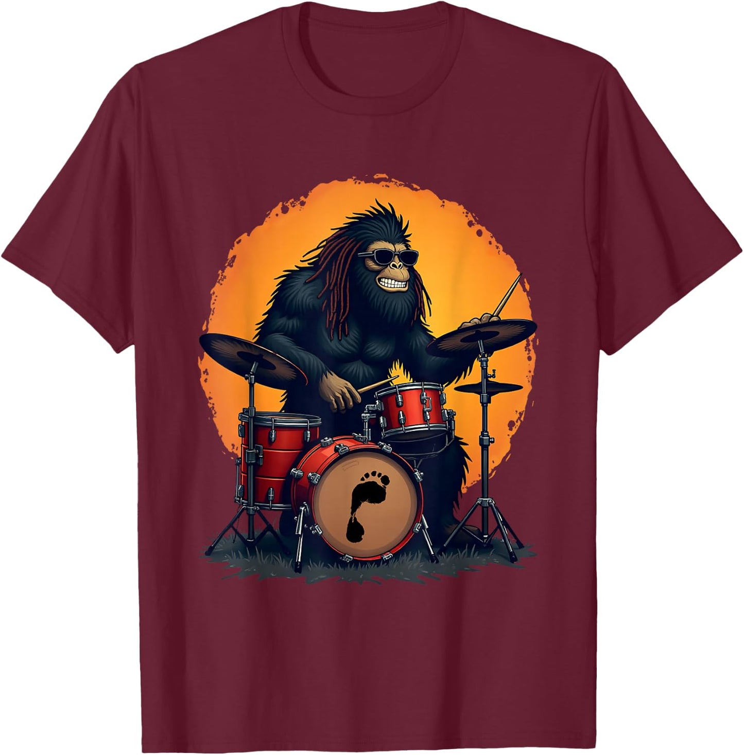 Bigfoot Drum Squad Retro Vintage Sasquatch Playing Drums T-Shirt - T-Shirt | Maroon