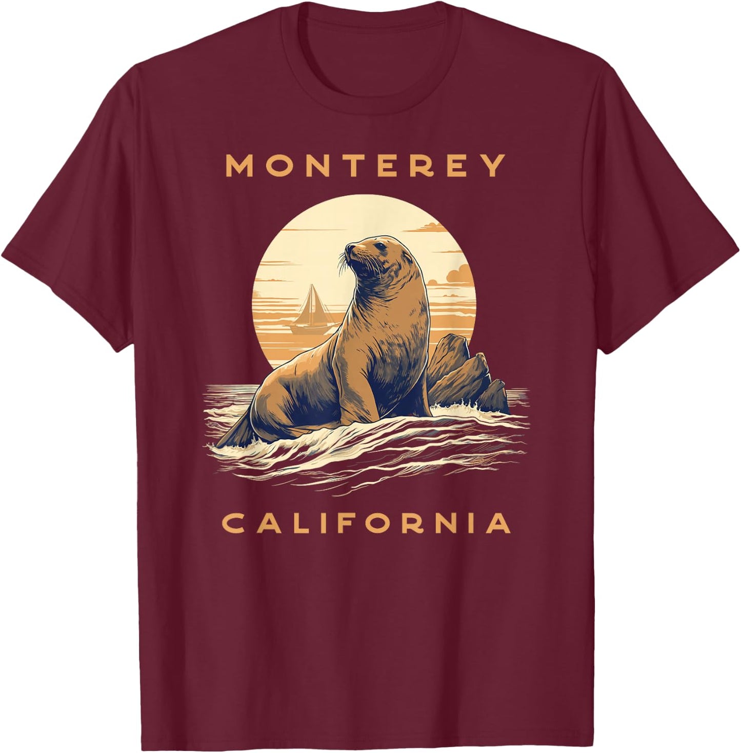 Monterey Vintage Coastal Sea Lion T-Shirt - T-Shirt | Maroon