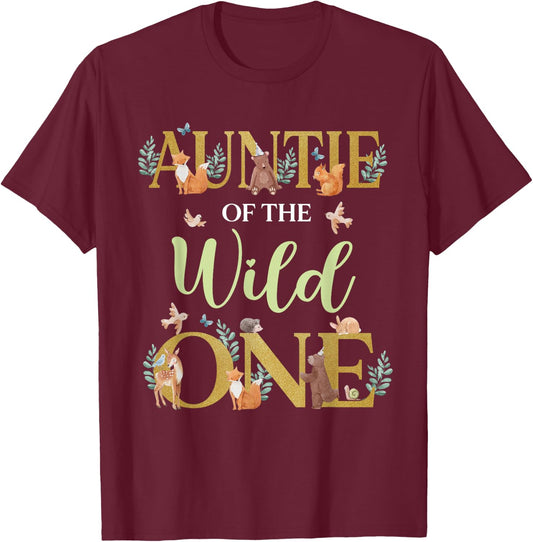 Auntie of The Wild One Birthday 1st Woodland Forest Animals T-Shirt - T-Shirt | Maroon