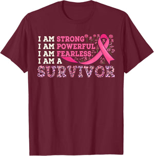 I Am Strong Survivor Pink Ribbon Wildflowers Breast Cancer T-Shirt - T-Shirt | Maroon