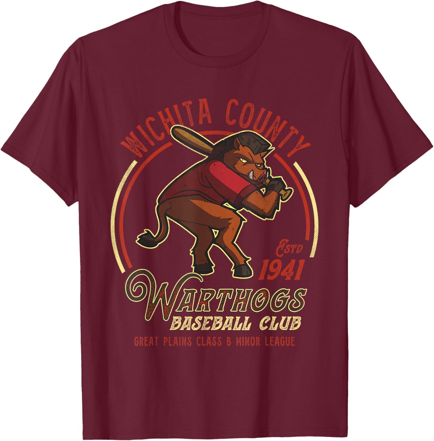 Wichita County Warthogs Retro Minor League Baseball Team T-Shirt - T-Shirt | Maroon
