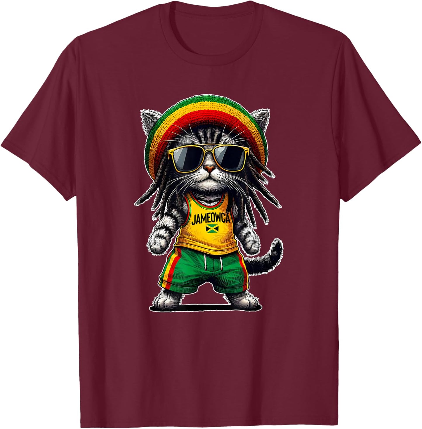JAMEOWCA Cool & Funny Jamaican Rasta Reggae Cat , Black, S T-Shirt - T-Shirt | Maroon