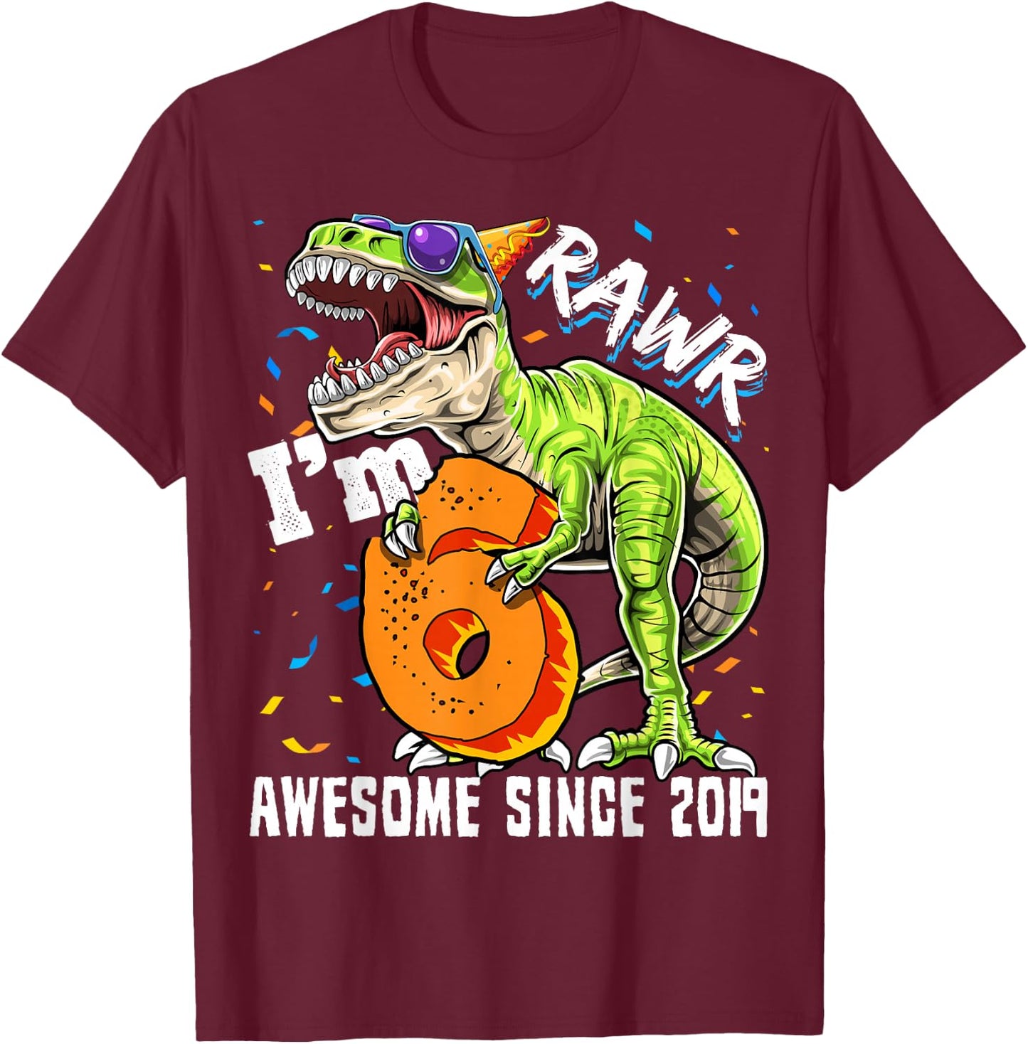 6th Birthday T Rex Dinosaur Party Boys Rawr I'm 6 T-Shirt - T-Shirt | Maroon