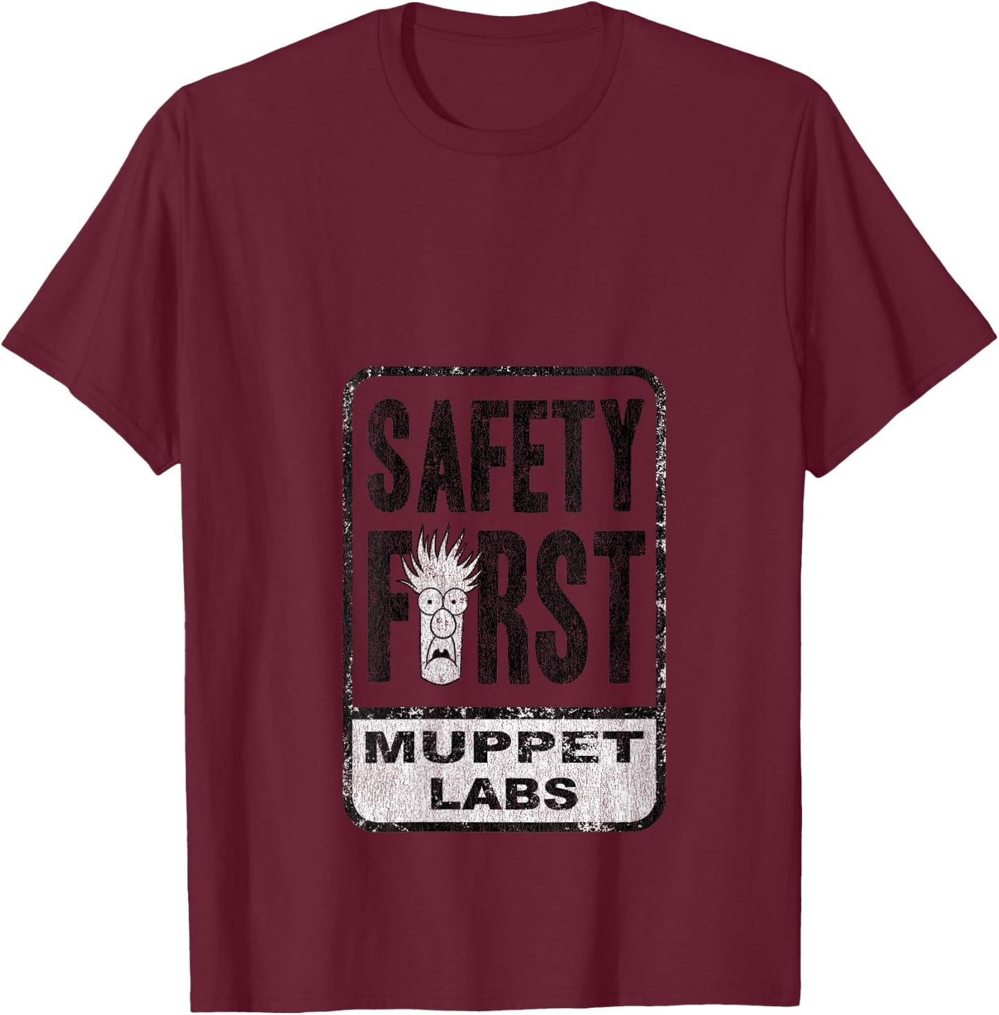 Disney The Muppets Safety First Sign Beaker Distressed V-Neck T-Shirt - T-Shirt | Maroon
