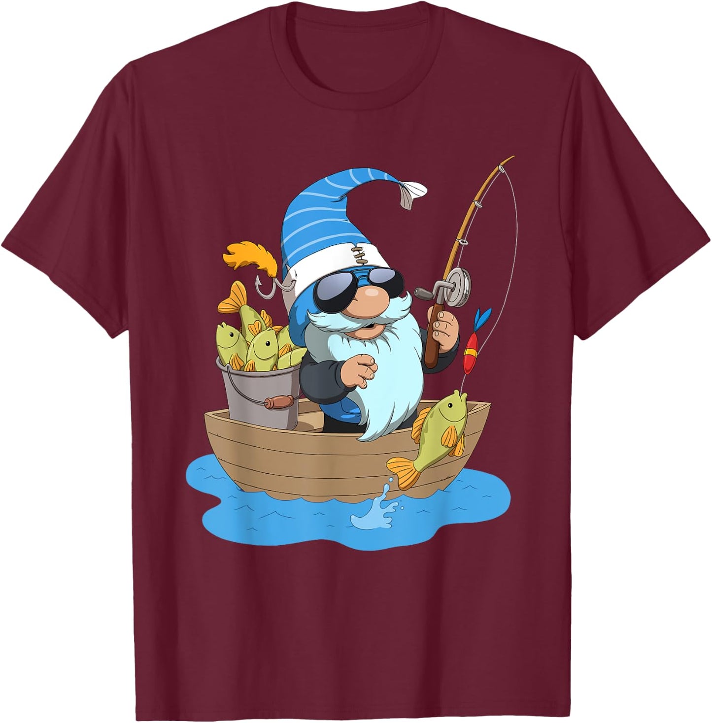 Fisherman Gnome Fishing T-Shirt - T-Shirt | Maroon