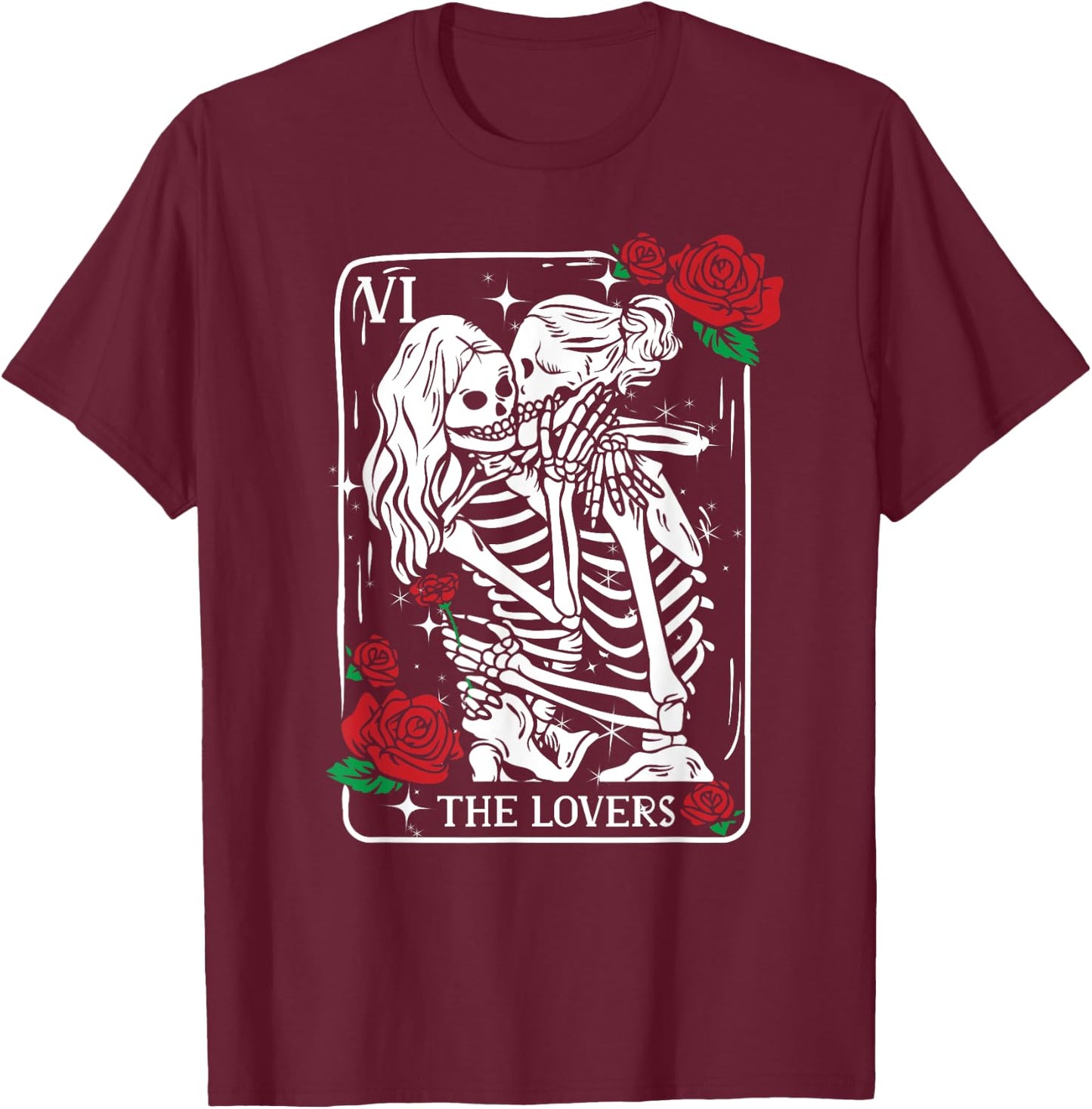 The Lovers Tarot Card Occult Skeleton Roses Gothic Kissing T-Shirt - T-Shirt | Maroon