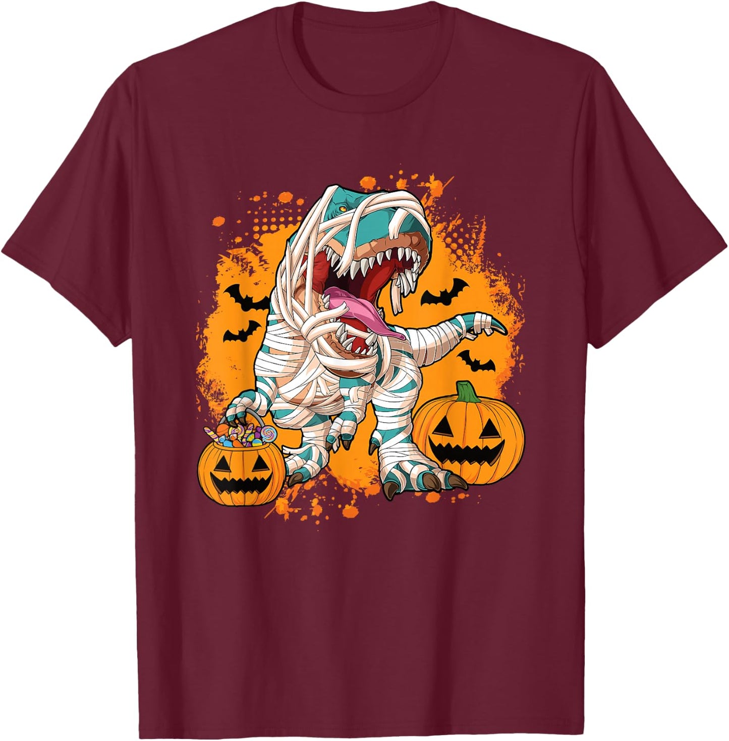 Scary Halloween Dino T Rex Dinosaur Pumpkin Men Boys Kids T-Shirt - T-Shirt | Maroon