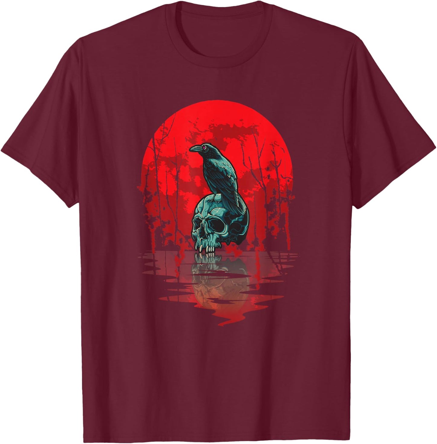 Gothic Raven Skull Red Moon Black Crow T-Shirt - T-Shirt | Maroon