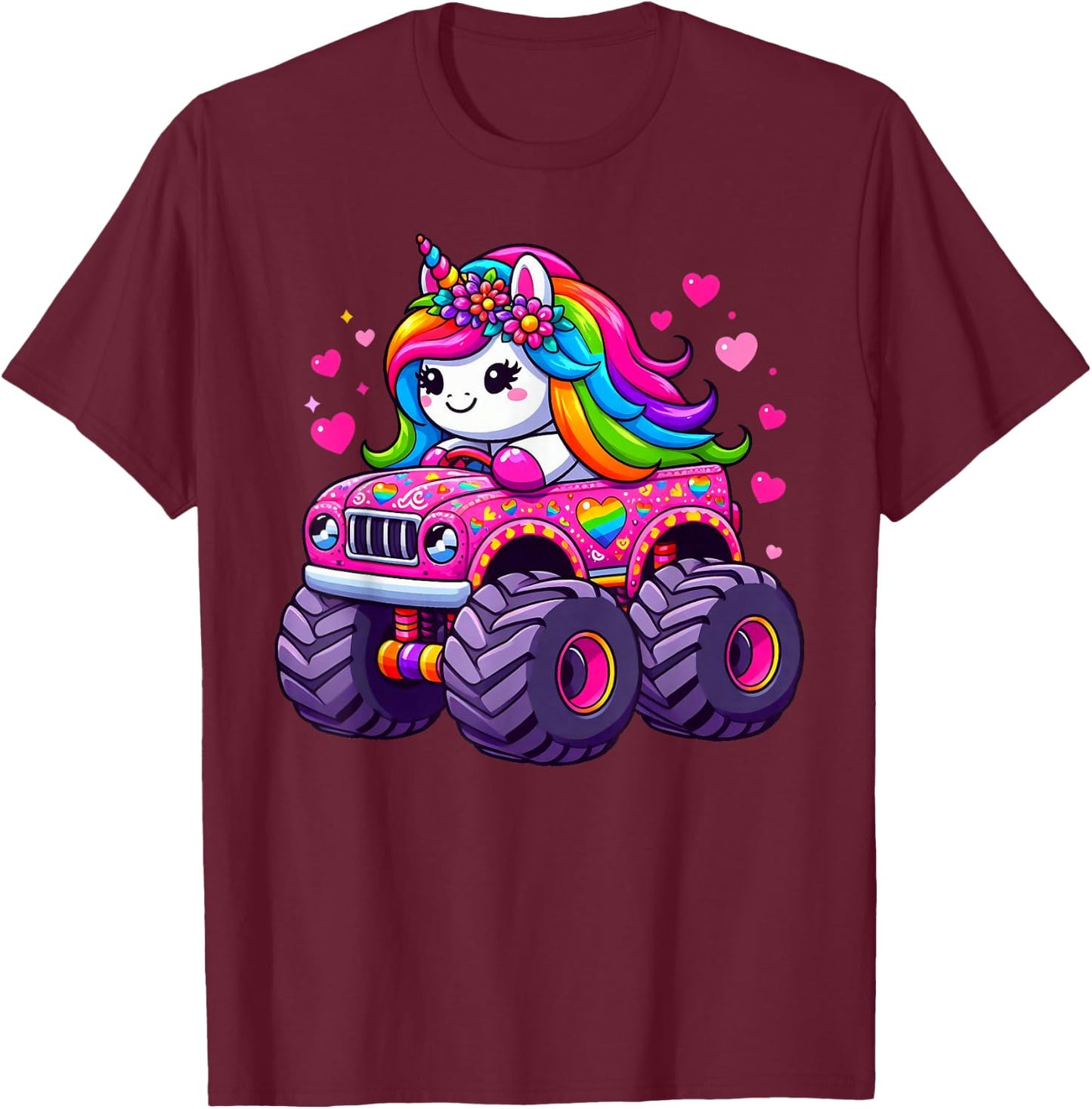 Cute Unicorn Riding A Pink Monster Truck Lovers Girls T-Shirt - T-Shirt | Maroon