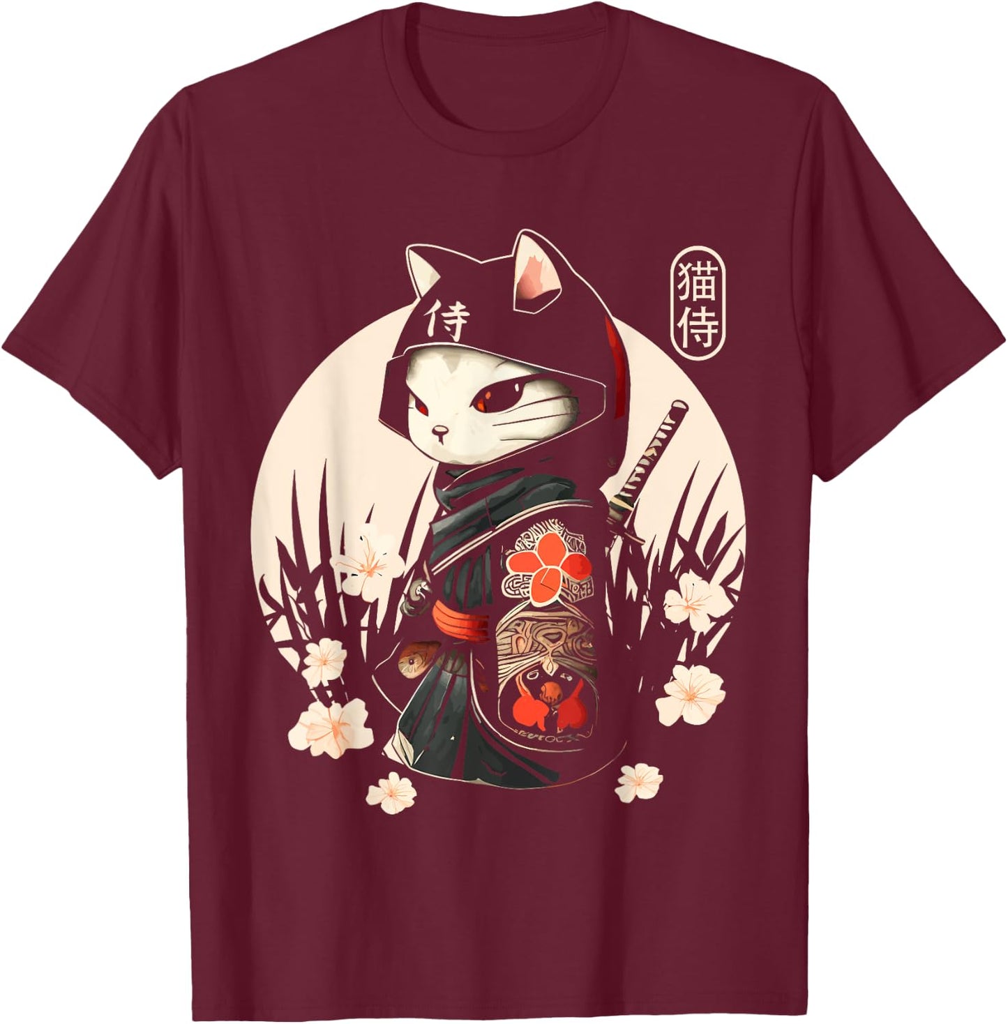 Japanese Samurai Cat for Cat Lovers T-Shirt - T-Shirt | Maroon
