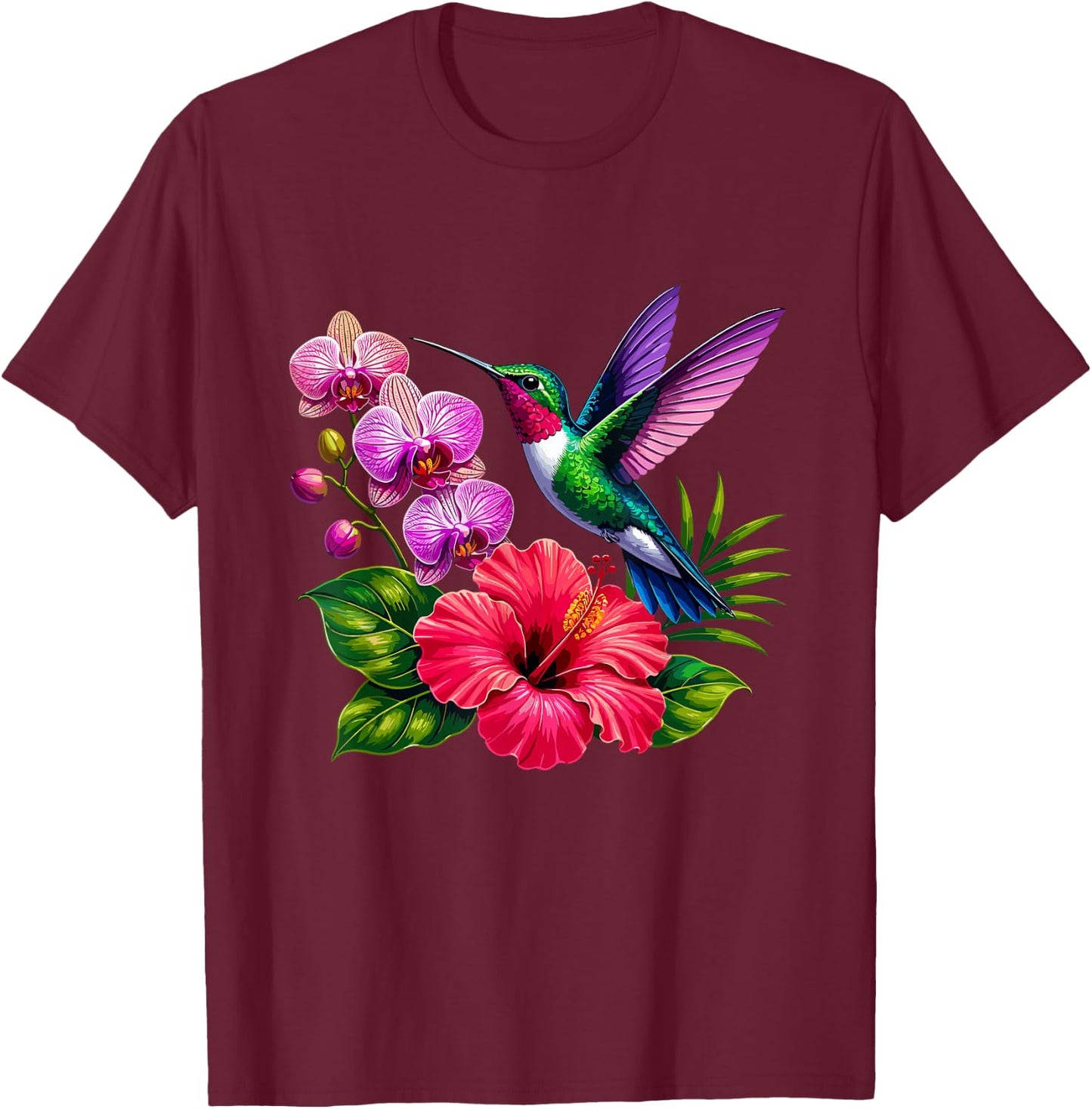 Hummingbird with Hibiscus and Orchid Flowers T-Shirt - T-Shirt | Maroon
