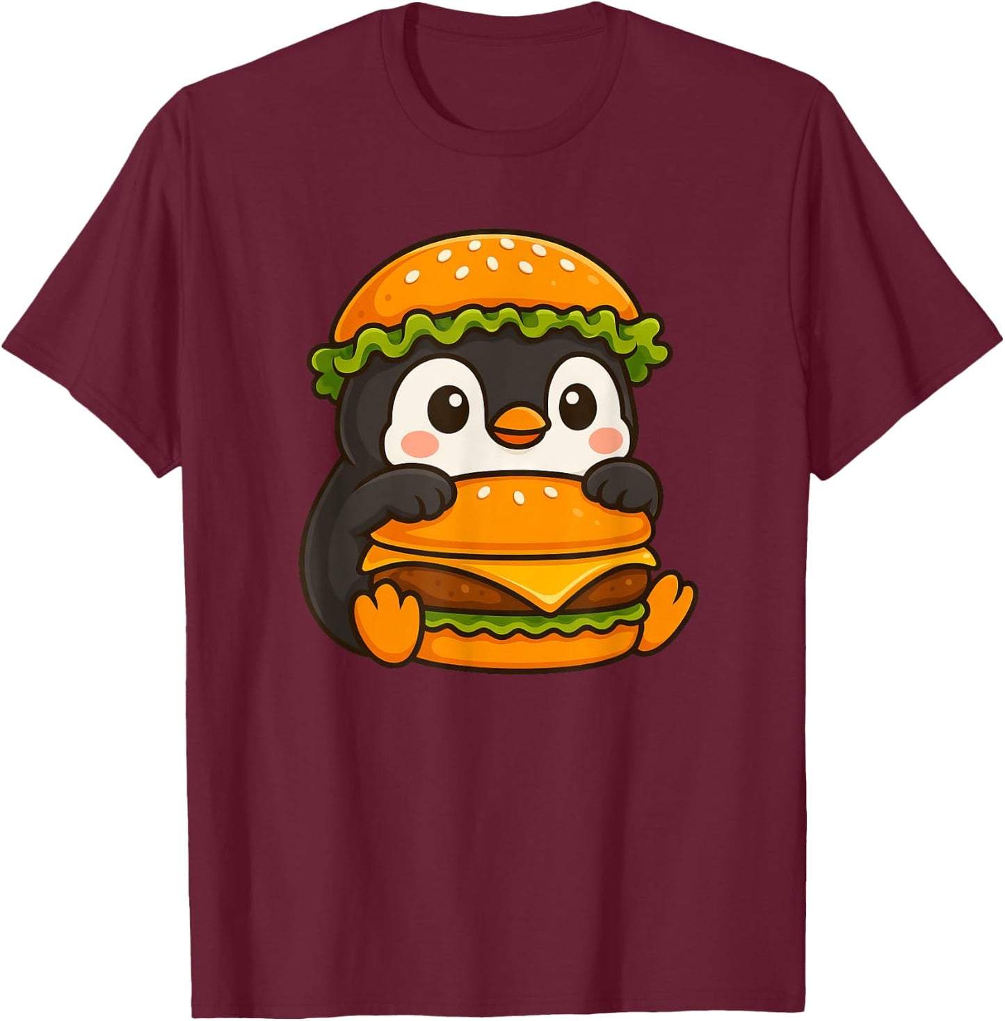 Cute Penguin Holding a Cheeseburger T-Shirt - T-Shirt | Maroon