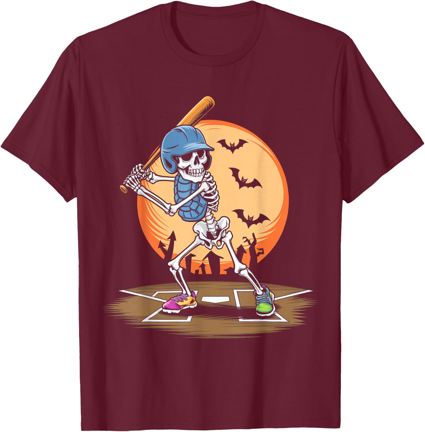 Baseball Skeleton Halloween Men Women Boys Halloween T-Shirt - T-Shirt | Maroon