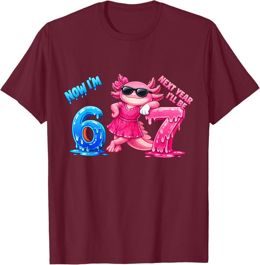 6th Birthday Axolotl drip Kids Boys Girls 6 Year Old Party T-Shirt - T-Shirt | Maroon