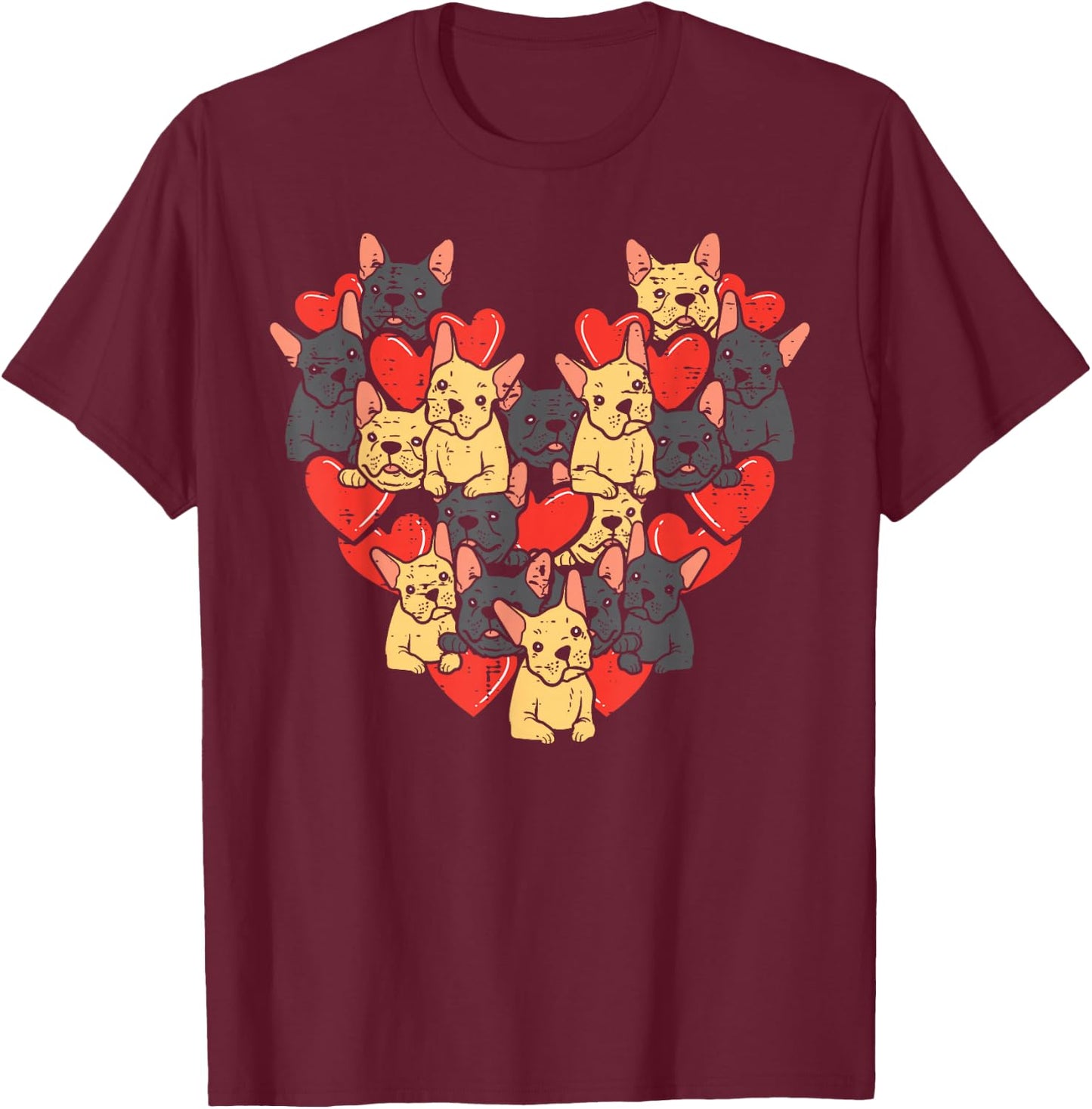 French Bulldogs Hearts Cute Valentines Day Frenchie Dog T-Shirt - T-Shirt | Maroon