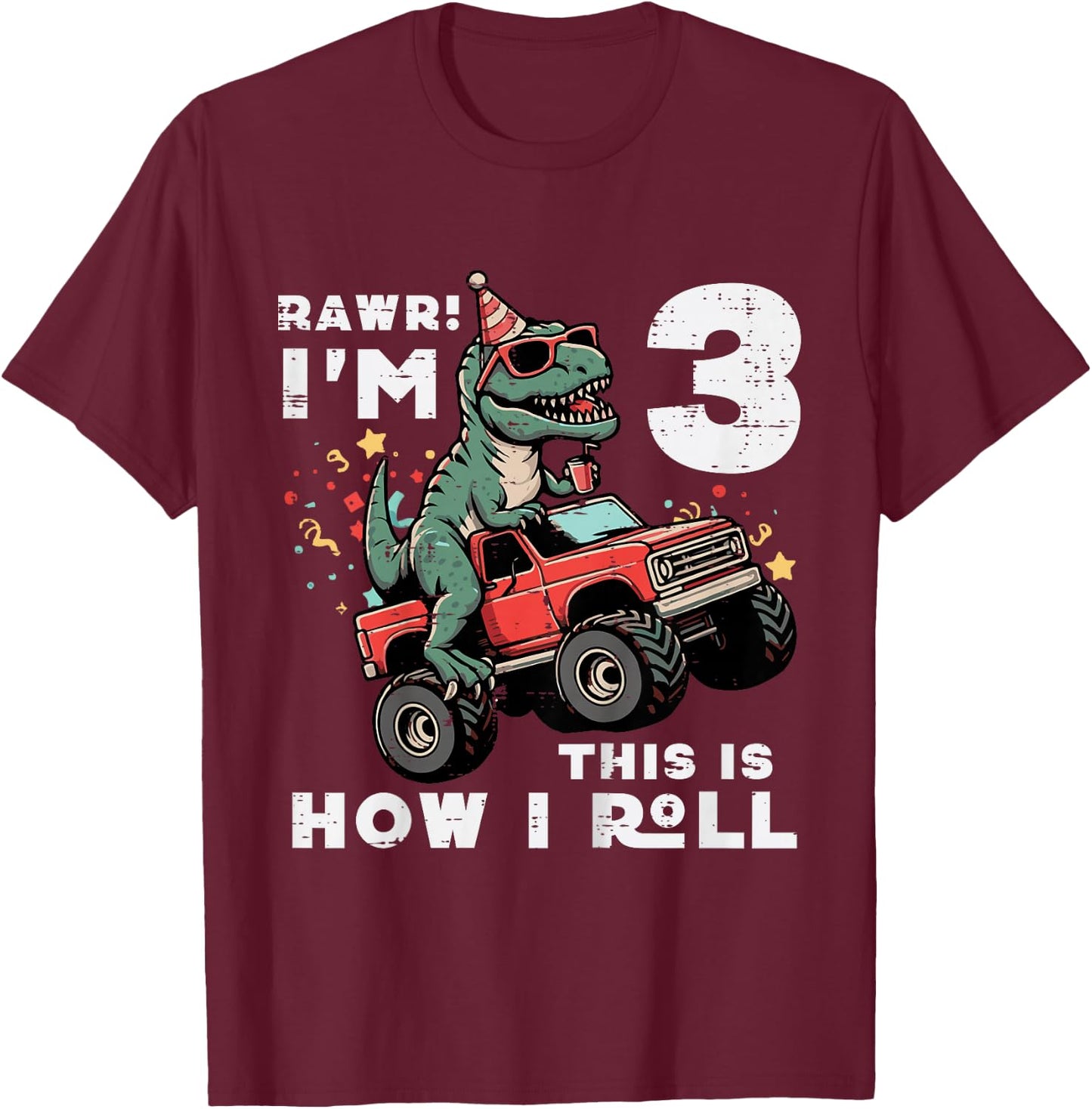 Kids Rawr Im 3 Dino This How I Roll 3rd Birthday Trex Bday Boys T-Shirt - T-Shirt | Maroon