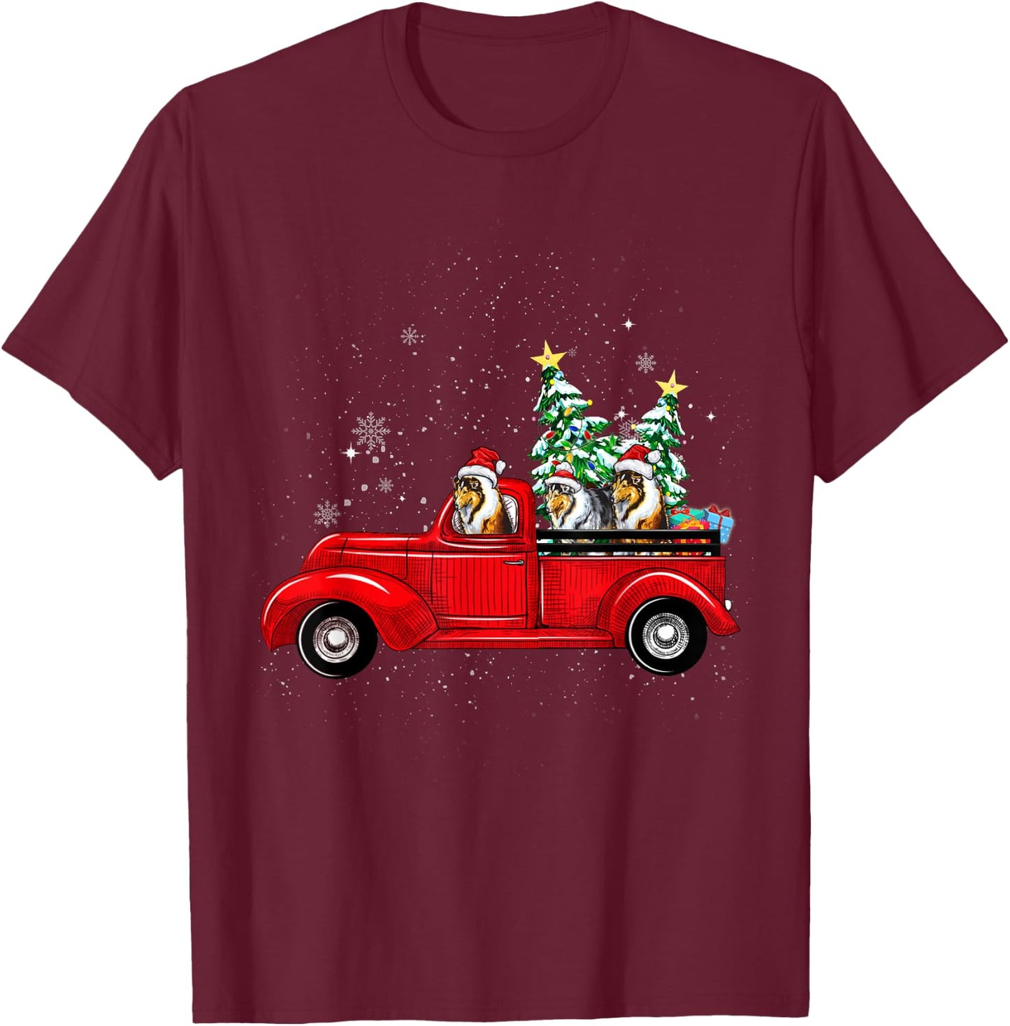 Rough Collie Dog Driving Xmas Truck Christmas Tree Lights Women Kids T-Shirt - T-Shirt | Maroon
