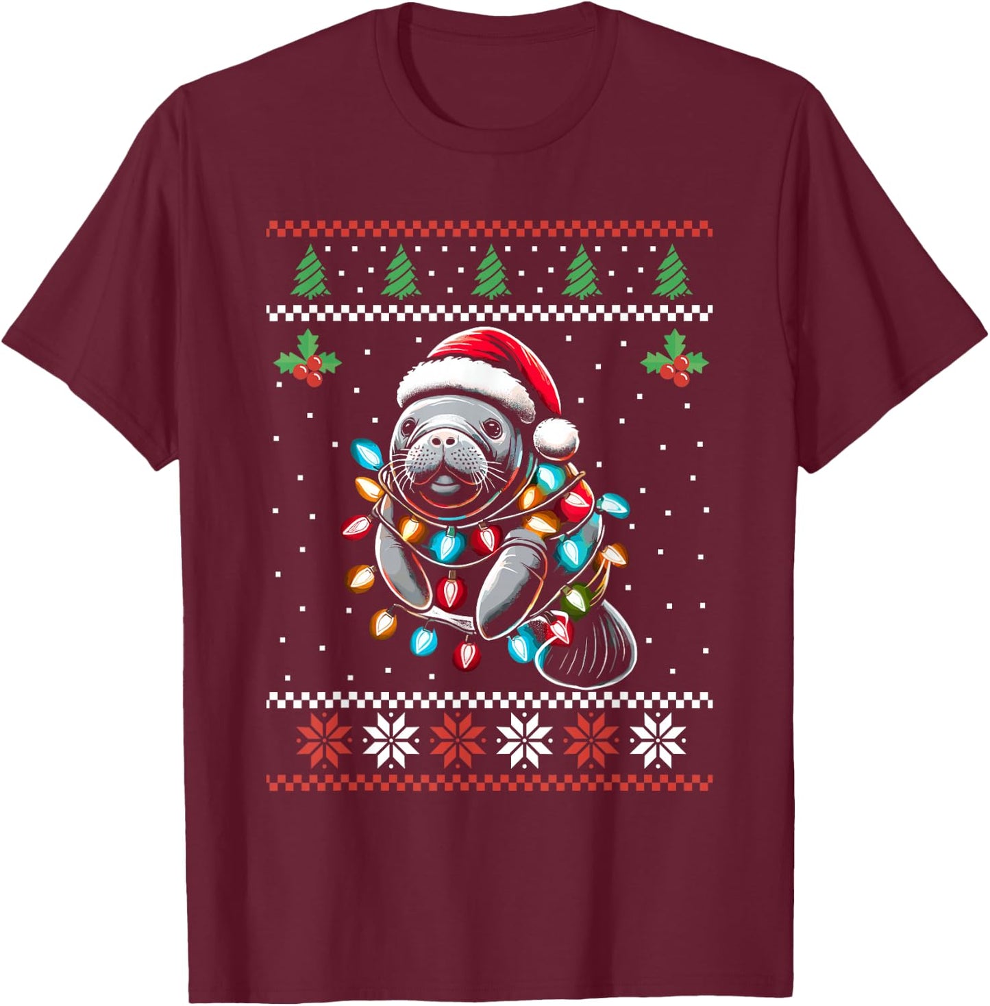 Manatee Santa Hat Ugly Christmas Sweater Xmas T-Shirt - T-Shirt | Maroon