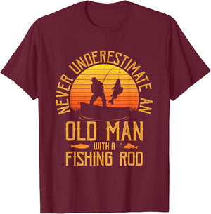 Never Underestimate An Old Man With A Fishing Rod Fisherman T-Shirt - T-Shirt | Maroon