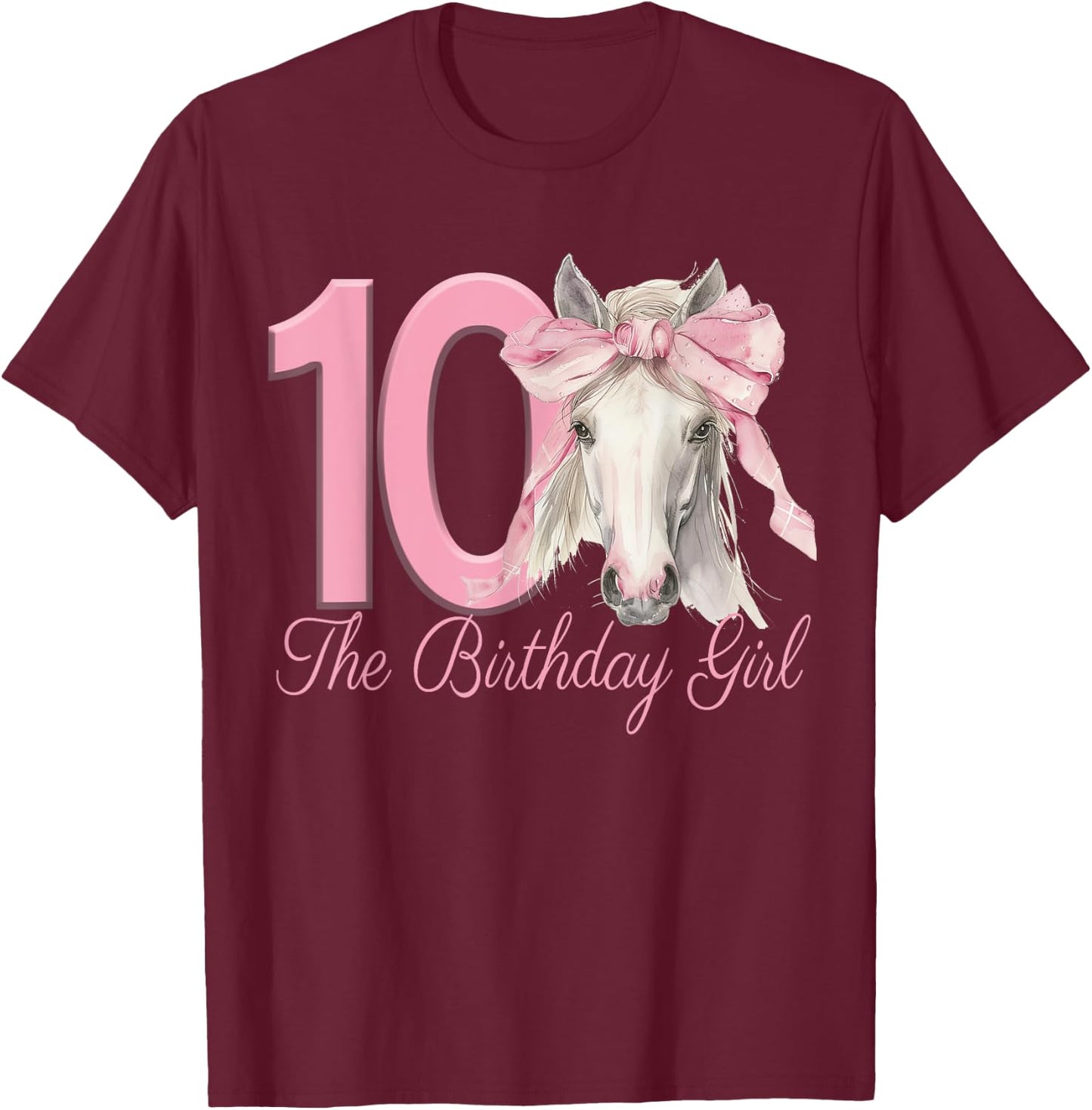 Cute Horse 10 Years for Girl with Pink Bow , Black, S T-Shirt - T-Shirt | Maroon