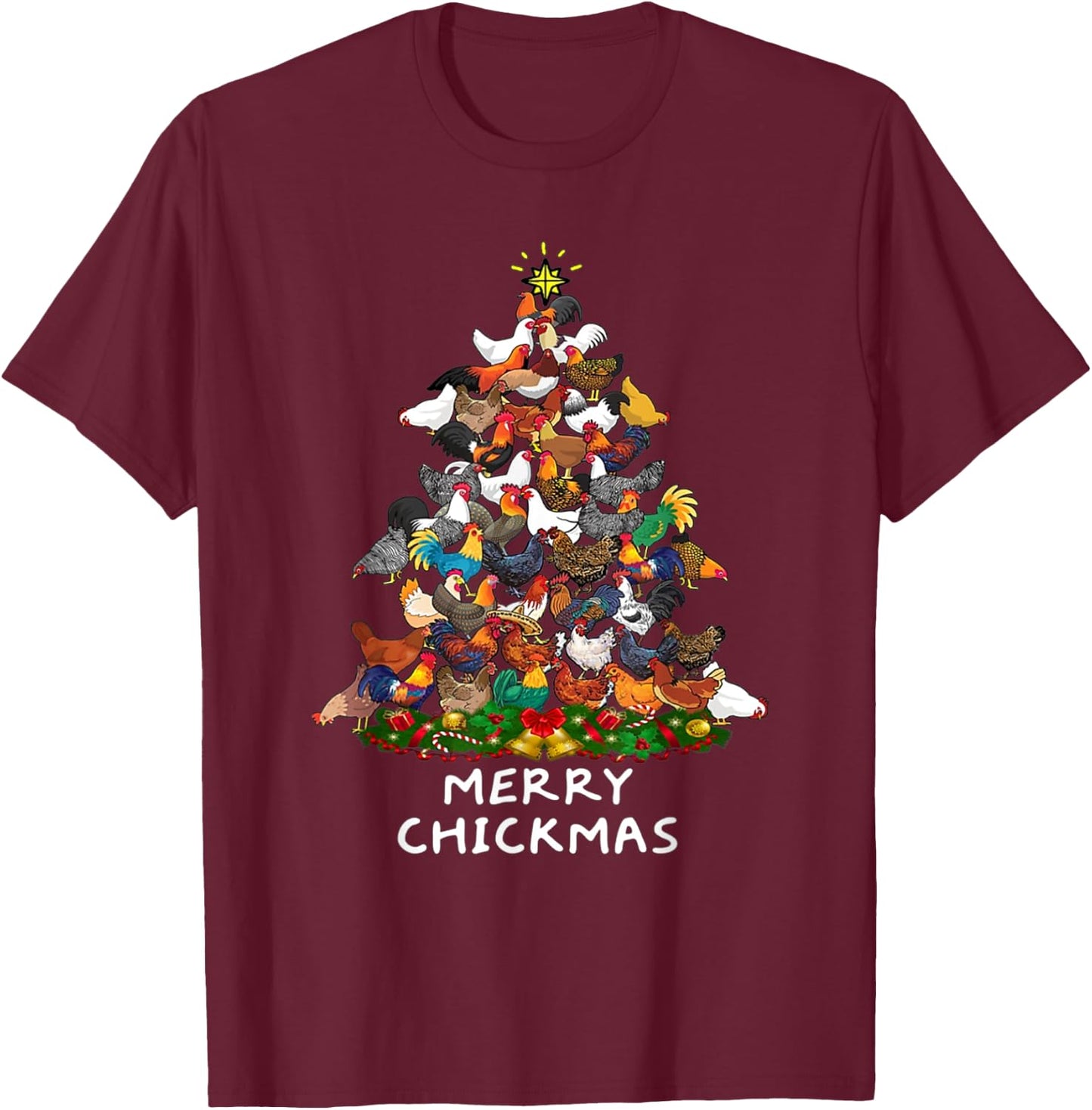 Merry Chickmas Chicken Christmas Tree Rooster Xmas Tree T-Shirt - T-Shirt | Maroon