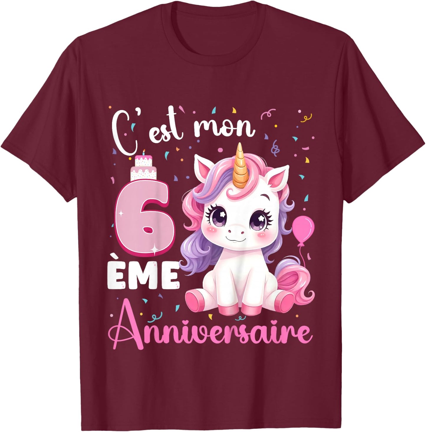 Enfant C'est Mon 6 ème Anniversaire Unicorn Birthday 6 Years , Black, 2 T-Shirt - T-Shirt | Maroon