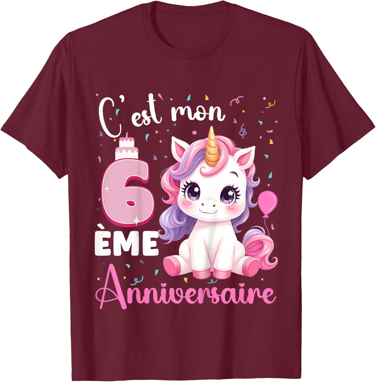 Enfant C'est Mon 6 ème Anniversaire Unicorn Birthday 6 Years , Black, 2 T-Shirt - T-Shirt | Maroon