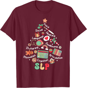 Speech Therapy Christmas Tree Merry Xmas SLP Therapist Funny T-Shirt - T-Shirt | Maroon